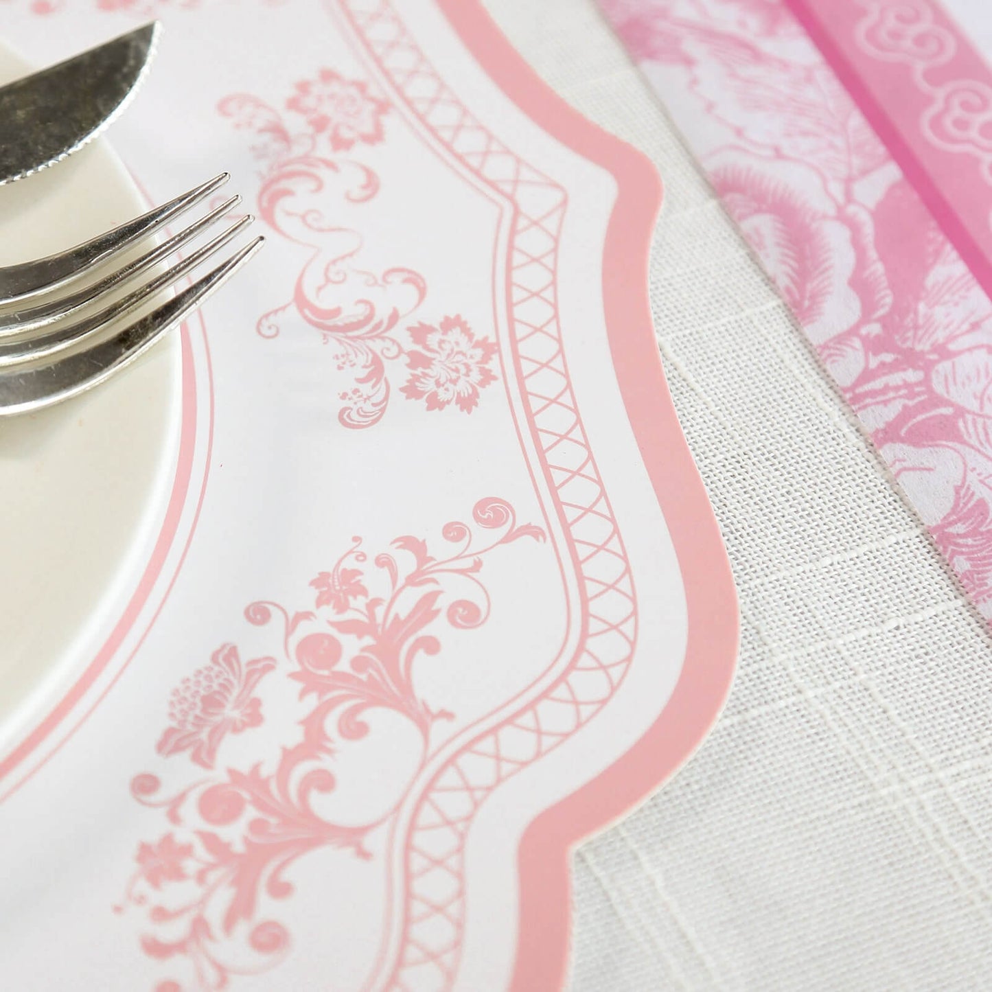 10 Pack White Pink Cardboard Paper Table Mats with French Toile Pattern, 13" Round Disposable Placemats with Scalloped Rim - 400 GSM