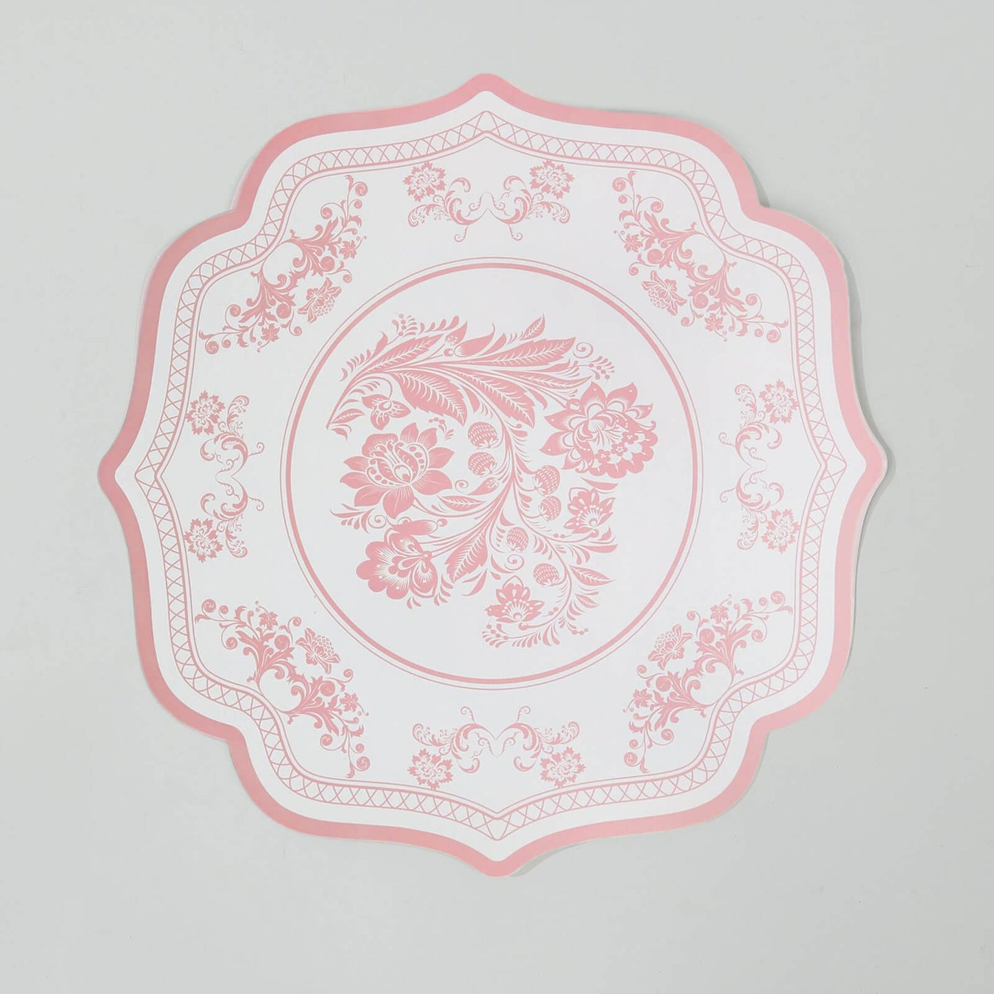 10 Pack White Pink Cardboard Paper Table Mats with French Toile Pattern, 13" Round Disposable Placemats with Scalloped Rim - 400 GSM