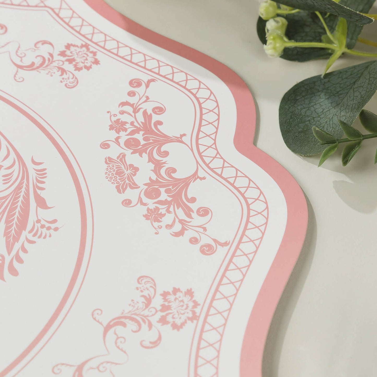 10 Pack White Pink Cardboard Paper Table Mats with French Toile Pattern, 13" Round Disposable Placemats with Scalloped Rim - 400 GSM