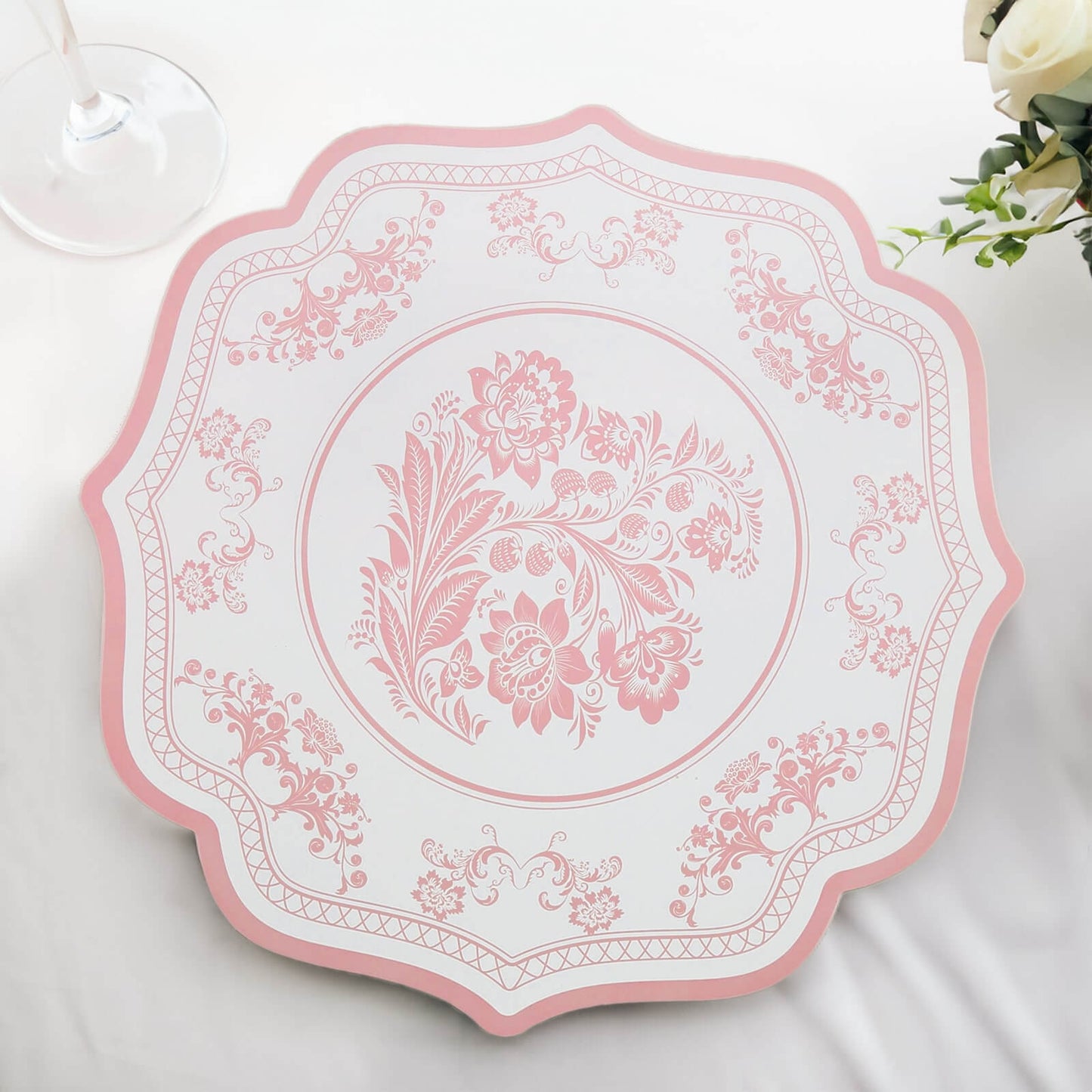 10 Pack White Pink Cardboard Paper Table Mats with French Toile Pattern, 13" Round Disposable Placemats with Scalloped Rim - 400 GSM