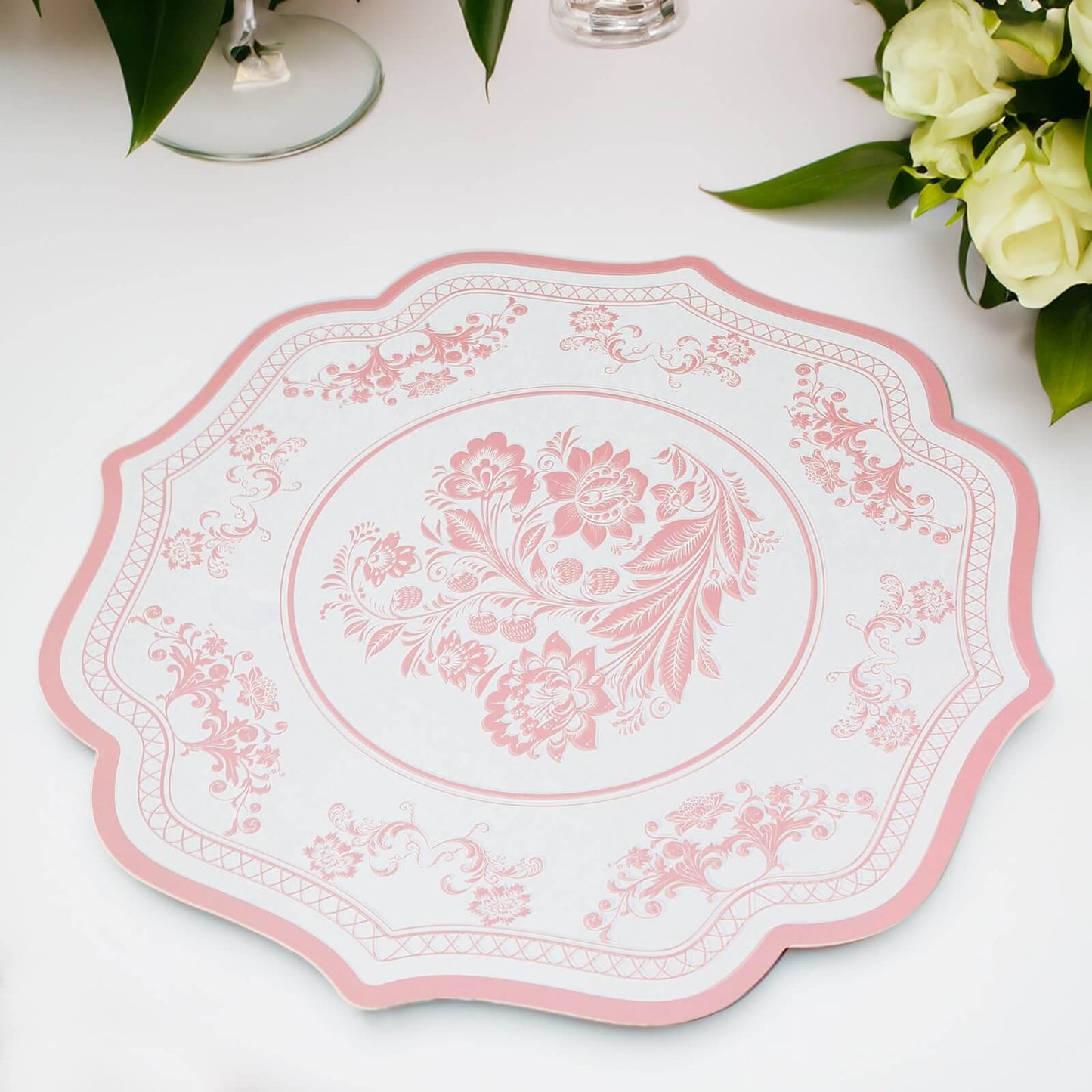 10 Pack White Pink Cardboard Paper Table Mats with French Toile Pattern, 13" Round Disposable Placemats with Scalloped Rim - 400 GSM