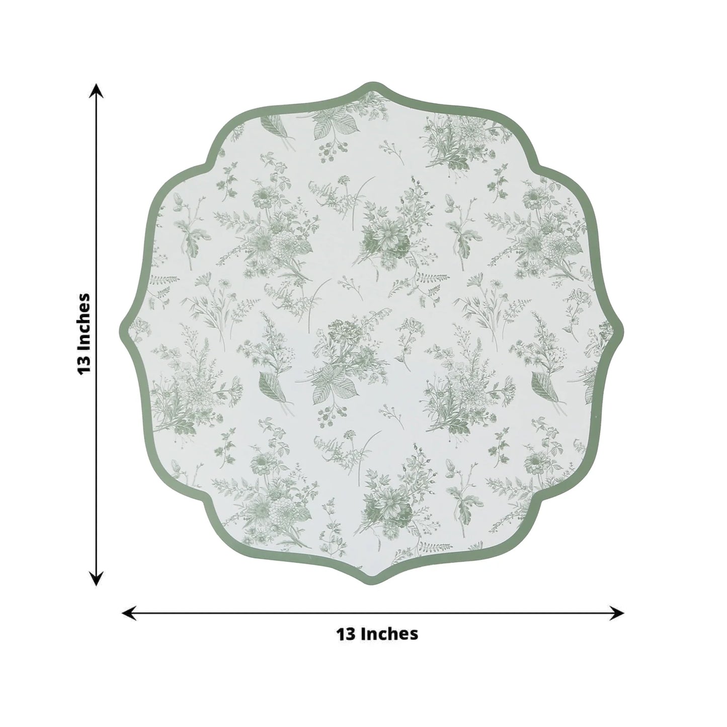 10 Pack Disposable Charger Plates White with Sage Green French Toile Pattern, 13" Cardboard Paper Placemats with Scalloped Rim