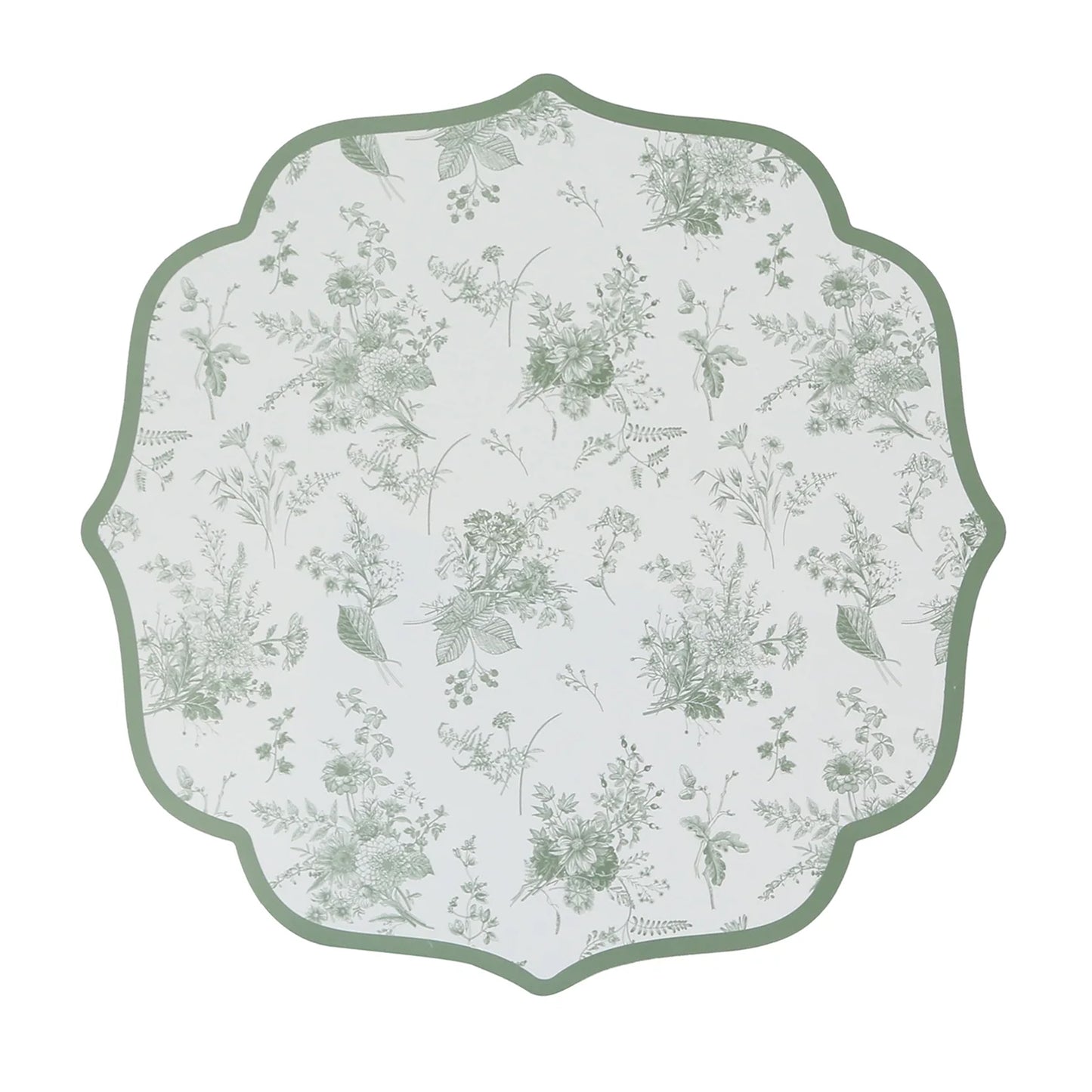 10 Pack Disposable Charger Plates White with Sage Green French Toile Pattern, 13" Cardboard Paper Placemats with Scalloped Rim