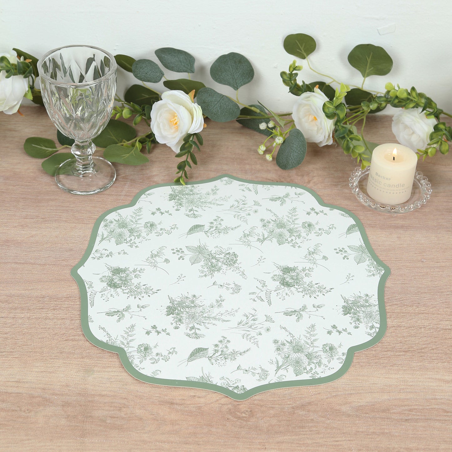 10 Pack Disposable Charger Plates White with Sage Green French Toile Pattern, 13" Cardboard Paper Placemats with Scalloped Rim
