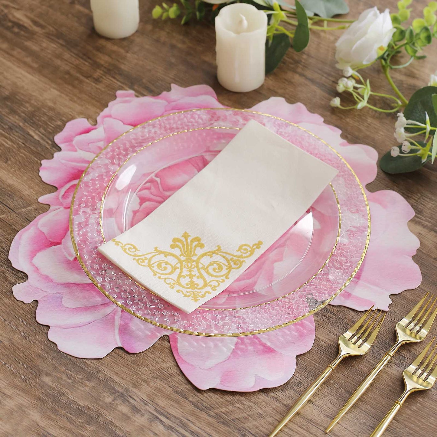 10 Pack Pink Peony Flower Disposable Table Mats, 14" Cardboard Paper Floral Placemats - 400GSM