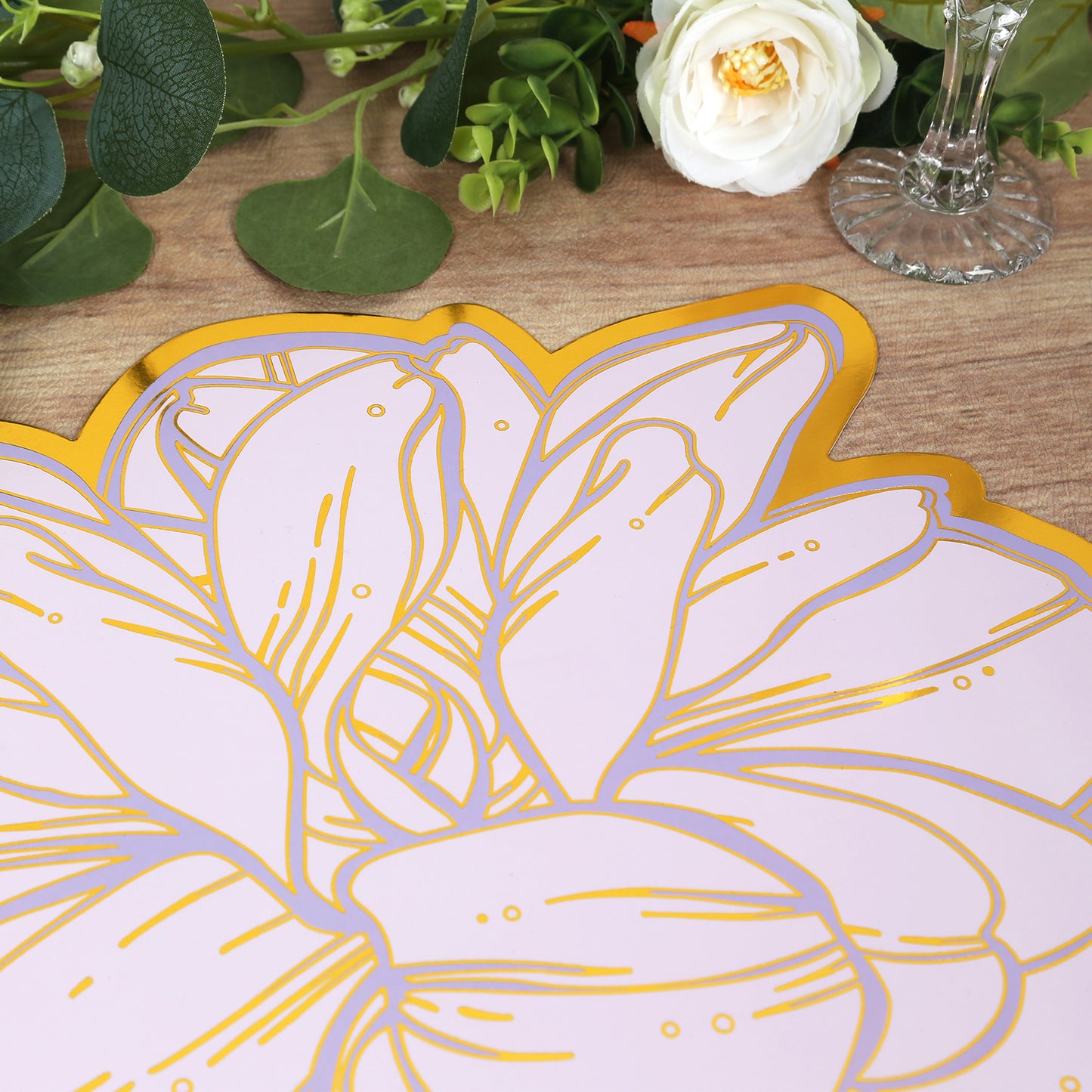 10 Pack Lavender Peony Cardboard Paper Table Mats with Gold Foil Edges, 14" Lilac Disposable Floral Paper Placemats - 300GSM