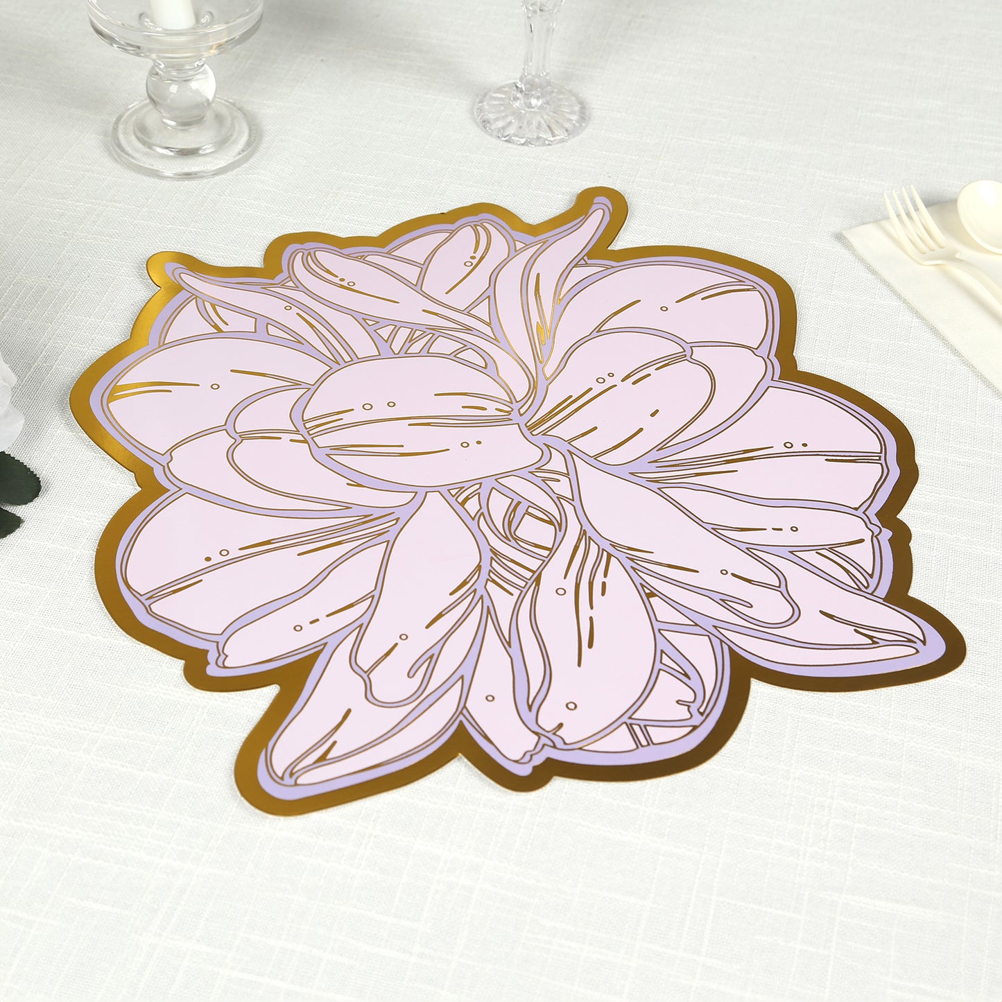 10 Pack Lavender Peony Cardboard Paper Table Mats with Gold Foil Edges, 14" Lilac Disposable Floral Paper Placemats - 300GSM