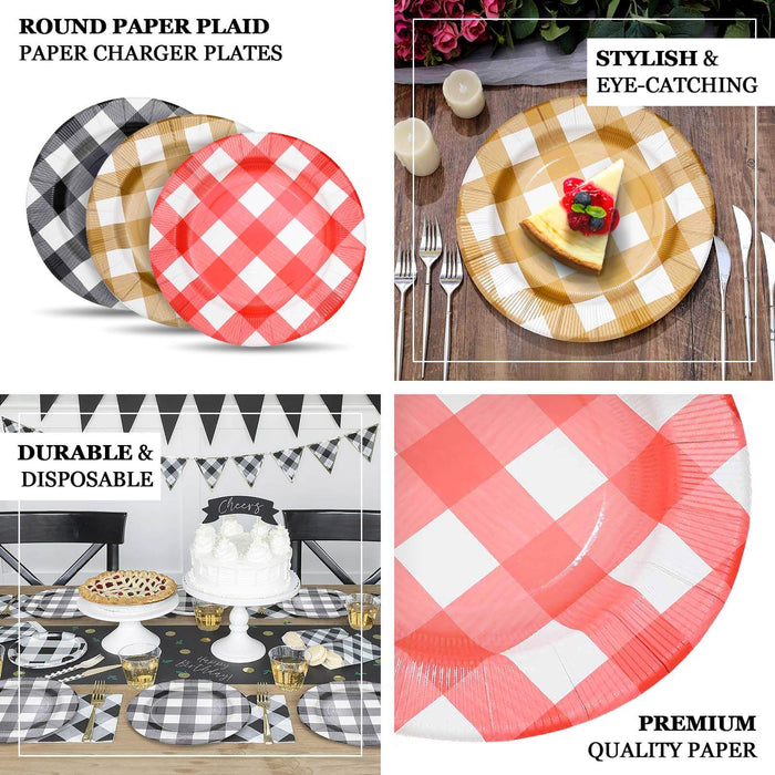 10 Pack | 13" Red / White Buffalo Plaid Disposable Serving Trays, Round Checkered Sunray Cardboard Charger Plates - 350 GSM