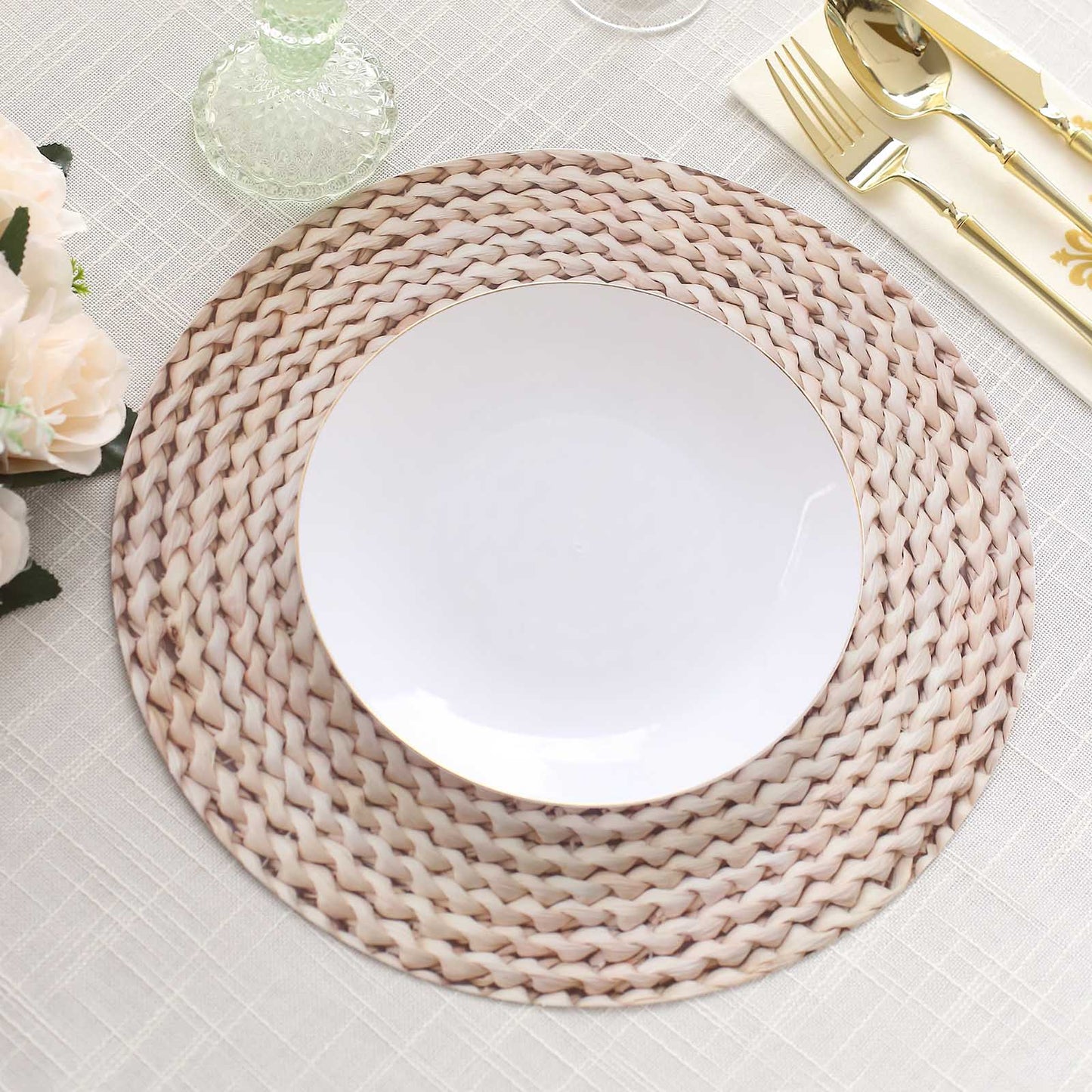 6 Pack Wheat Woven Rattan Print Disposable Dining Table Mats, 13" Round Cardstock Paper Placemats - 700 GSM