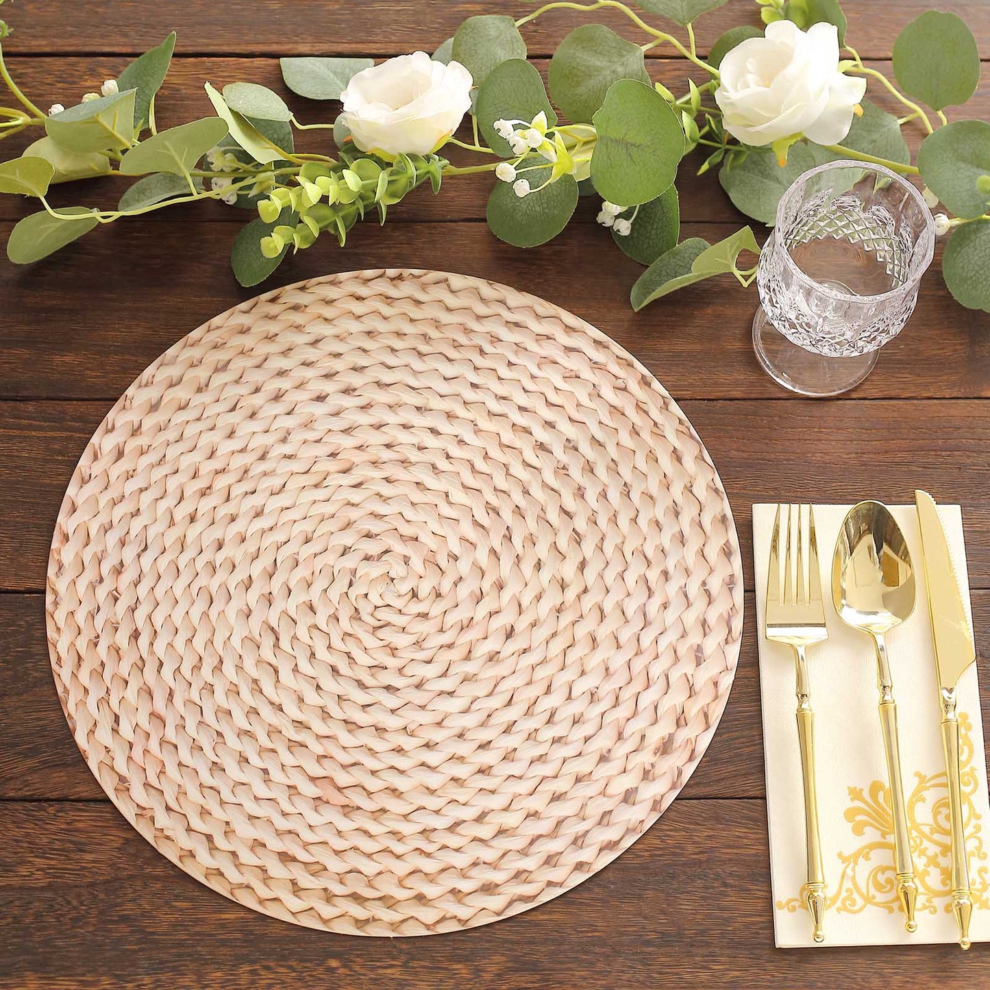 6 Pack Wheat Woven Rattan Print Disposable Dining Table Mats, 13" Round Cardstock Paper Placemats - 700 GSM