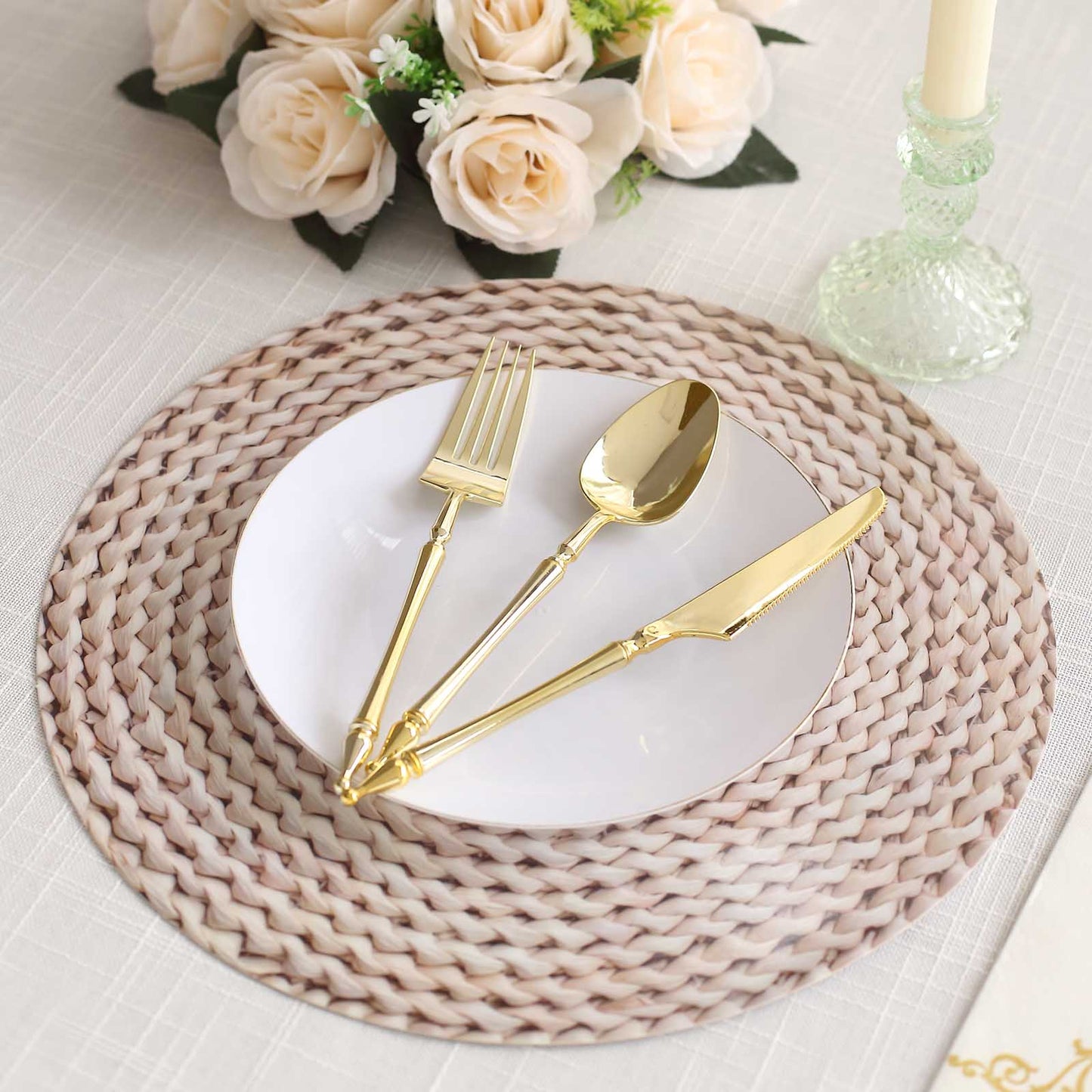 6 Pack Wheat Woven Rattan Print Disposable Dining Table Mats, 13" Round Cardstock Paper Placemats - 700 GSM