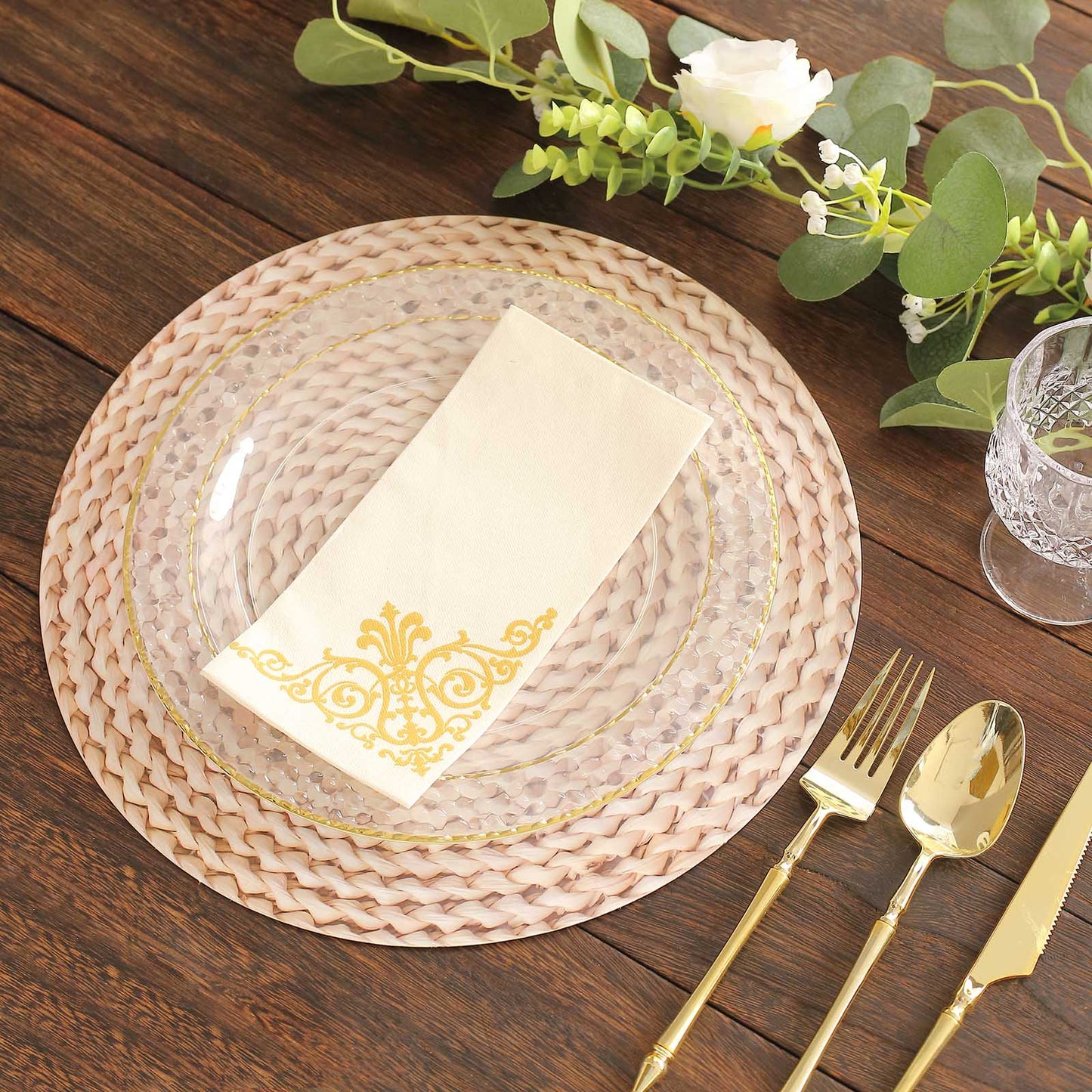 6 Pack Wheat Woven Rattan Print Disposable Dining Table Mats, 13" Round Cardstock Paper Placemats - 700 GSM