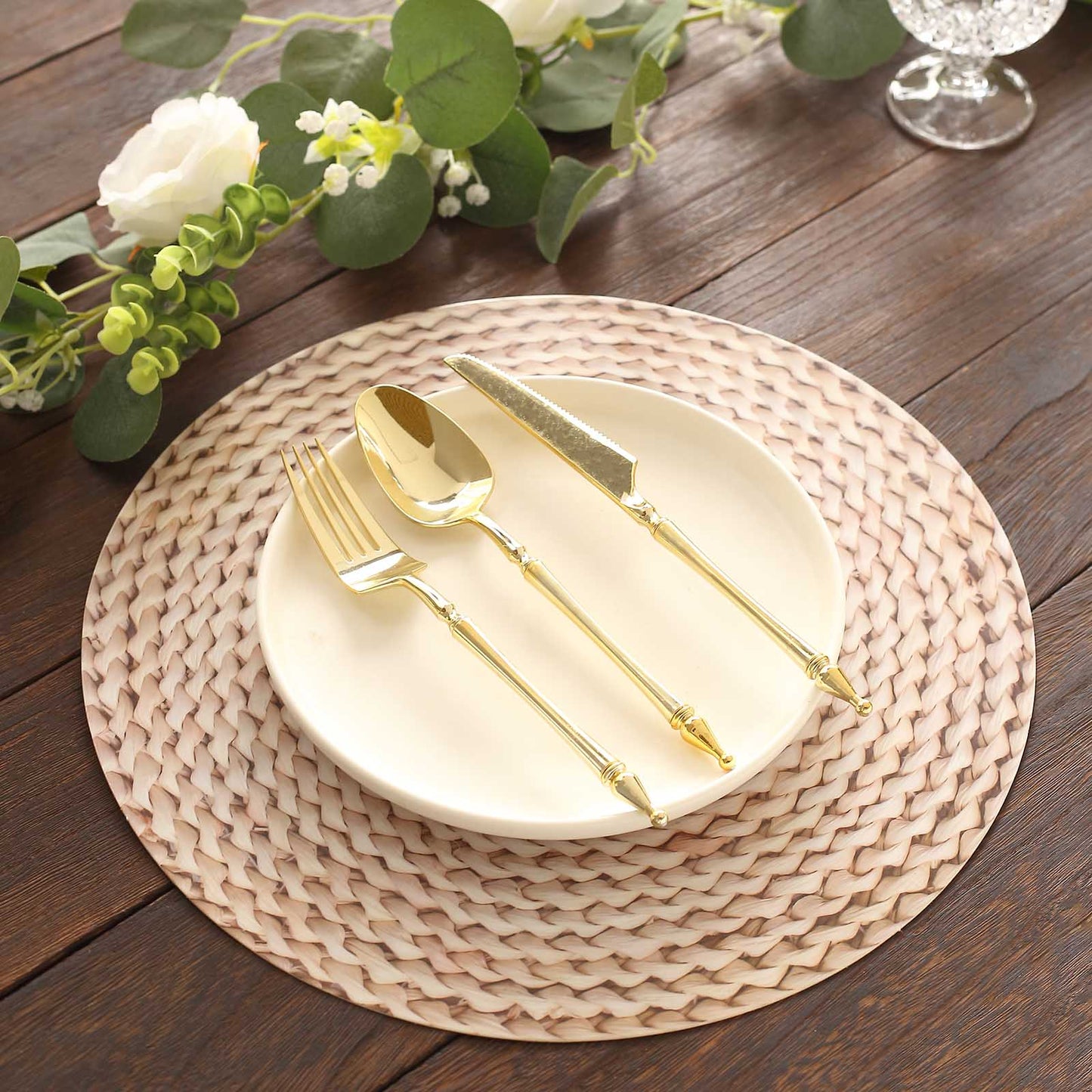 6 Pack Wheat Woven Rattan Print Disposable Dining Table Mats, 13" Round Cardstock Paper Placemats - 700 GSM