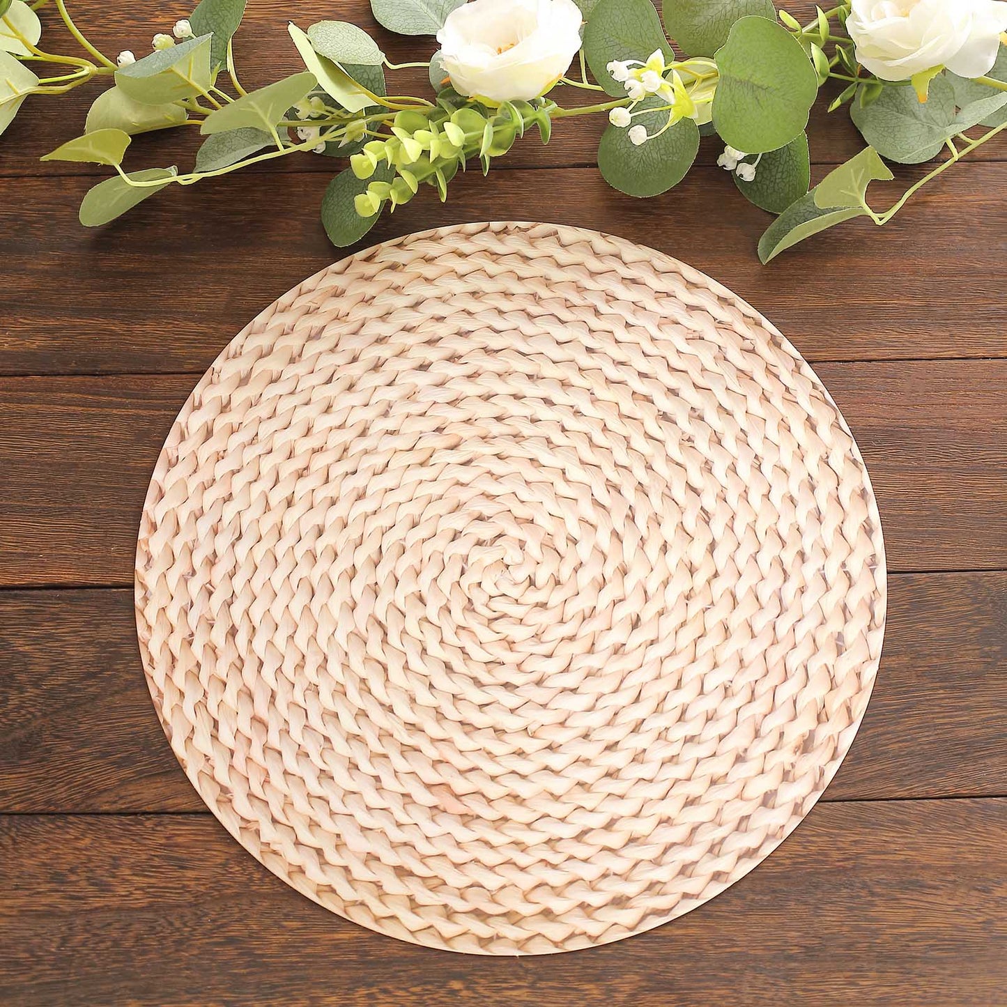 6 Pack Wheat Woven Rattan Print Disposable Dining Table Mats, 13" Round Cardstock Paper Placemats - 700 GSM