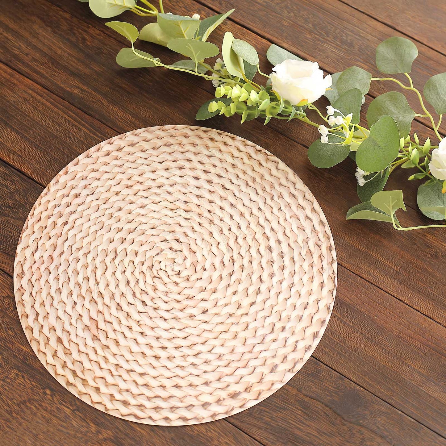 6 Pack Wheat Woven Rattan Print Disposable Dining Table Mats, 13" Round Cardstock Paper Placemats - 700 GSM