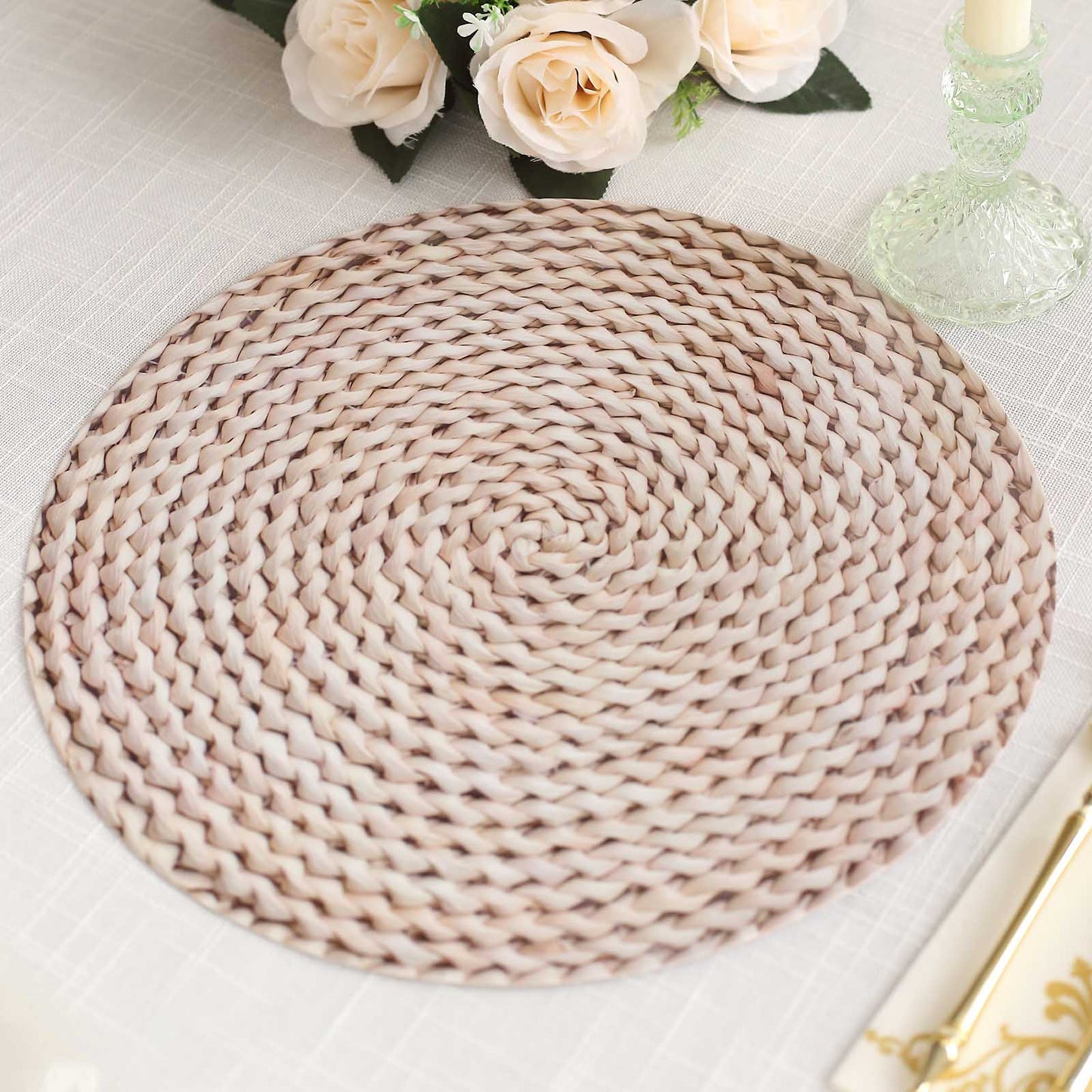 6 Pack Wheat Woven Rattan Print Disposable Dining Table Mats, 13" Round Cardstock Paper Placemats - 700 GSM