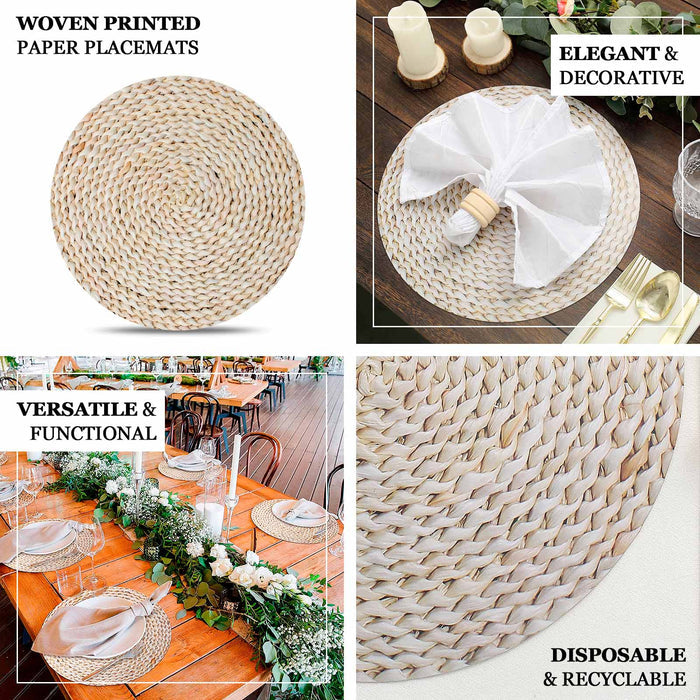 6 Pack Wheat Woven Rattan Print Disposable Dining Table Mats, 13" Round Cardstock Paper Placemats - 700 GSM