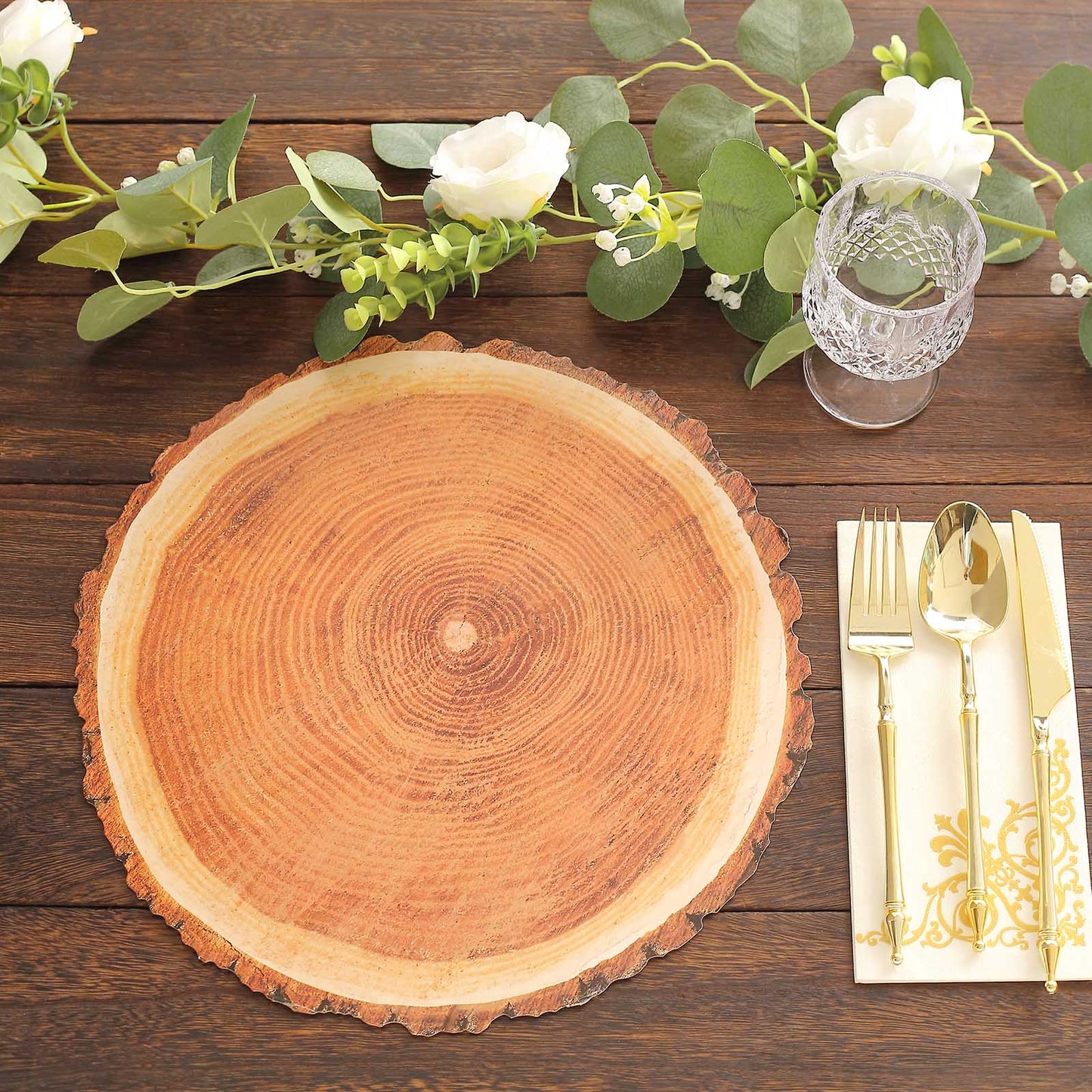 6 Pack Farmhouse Natural Wood Slice Print Disposable Dining Table Mats, 13" Round Cardstock Paper Placemats - 700 GSM