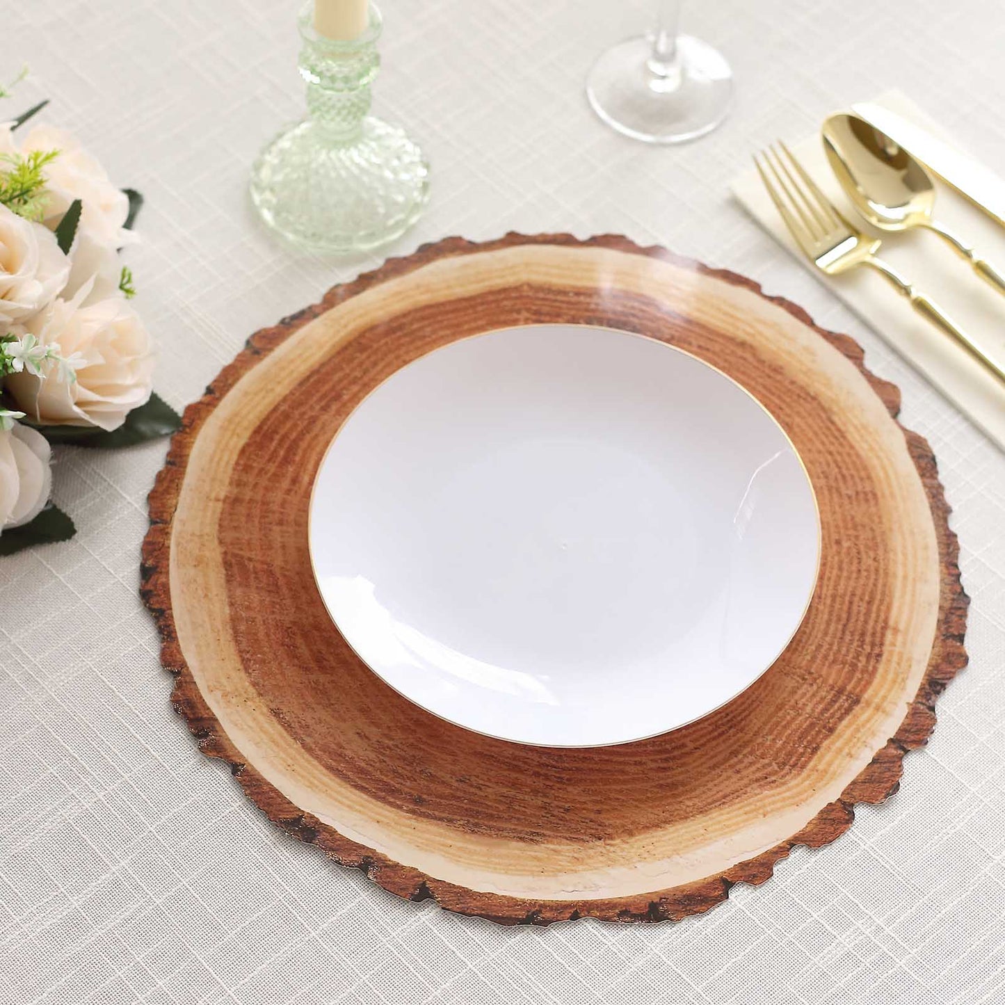 6 Pack Farmhouse Natural Wood Slice Print Disposable Dining Table Mats, 13" Round Cardstock Paper Placemats - 700 GSM