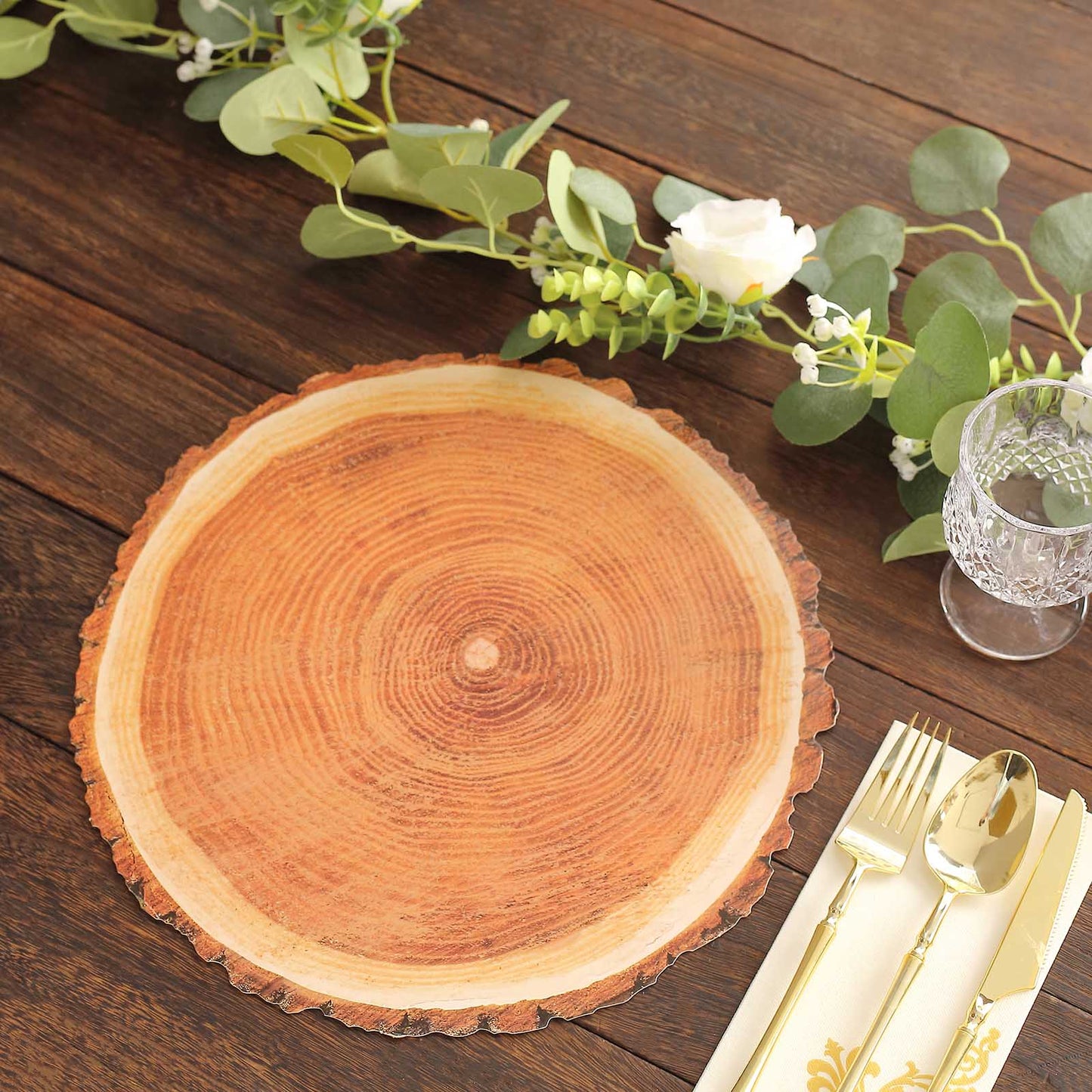 6 Pack Farmhouse Natural Wood Slice Print Disposable Dining Table Mats, 13" Round Cardstock Paper Placemats - 700 GSM