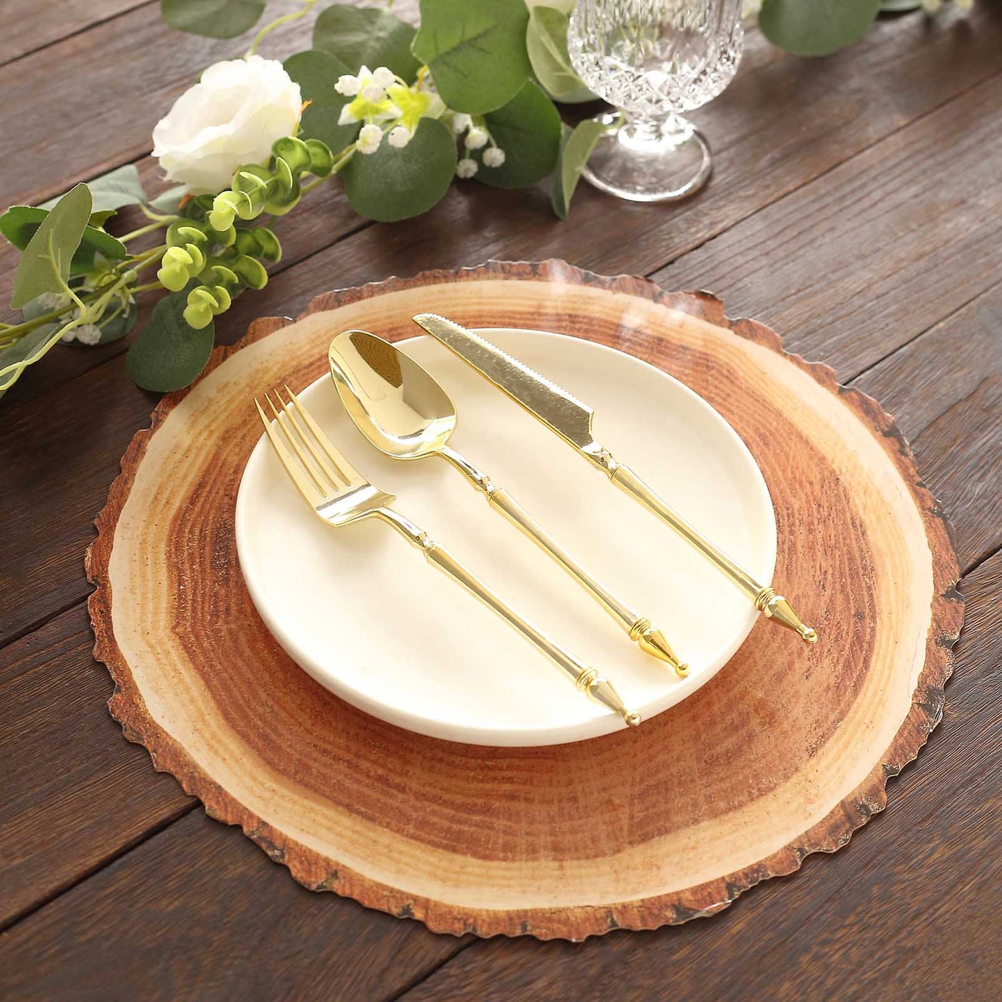 6 Pack Farmhouse Natural Wood Slice Print Disposable Dining Table Mats, 13" Round Cardstock Paper Placemats - 700 GSM