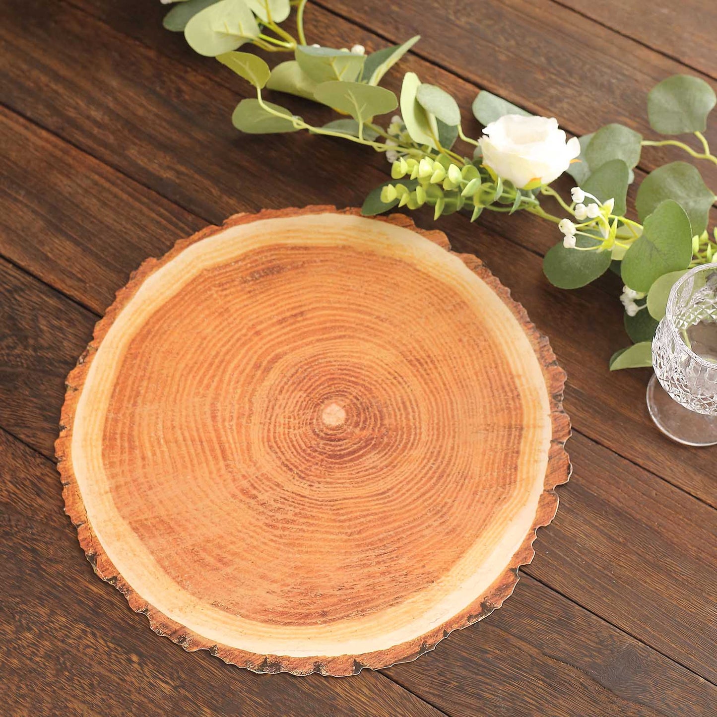 6 Pack Farmhouse Natural Wood Slice Print Disposable Dining Table Mats, 13" Round Cardstock Paper Placemats - 700 GSM