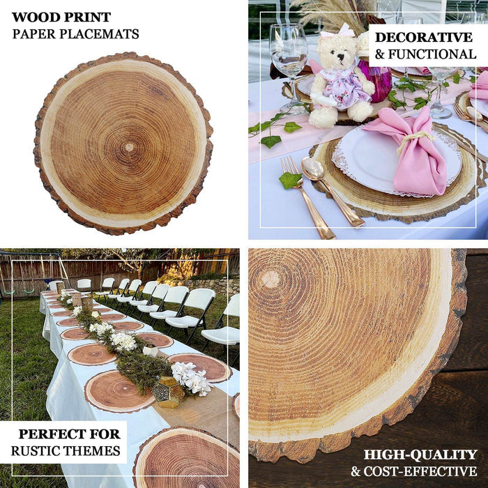 6 Pack Farmhouse Natural Wood Slice Print Disposable Dining Table Mats, 13" Round Cardstock Paper Placemats - 700 GSM