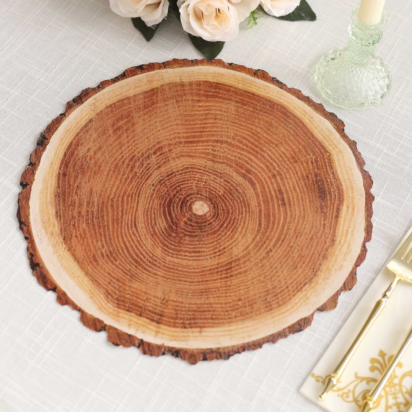 6 Pack Farmhouse Natural Wood Slice Print Disposable Dining Table Mats, 13" Round Cardstock Paper Placemats - 700 GSM