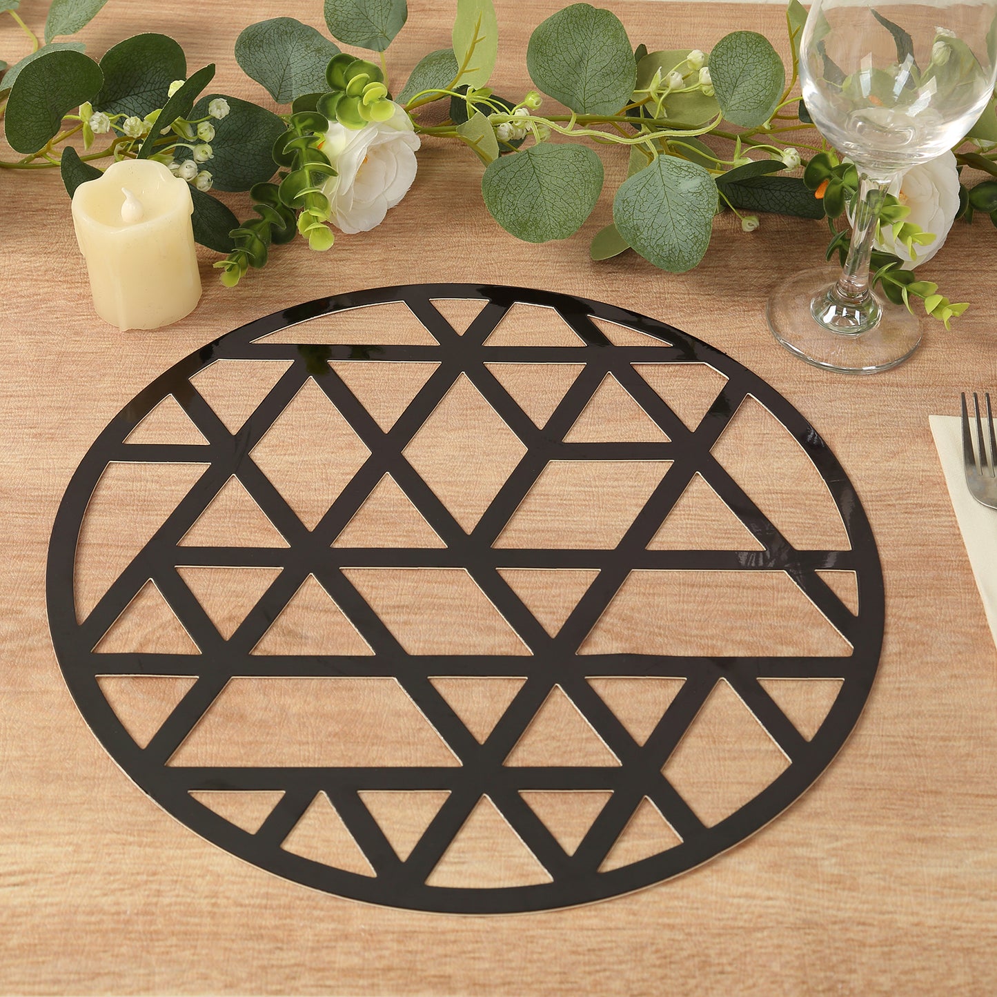 6 Pack Black Laser Cut Geometric Triangle Cardboard Dining Table Mats, 13" Round Disposable Placemats - 700 GSM