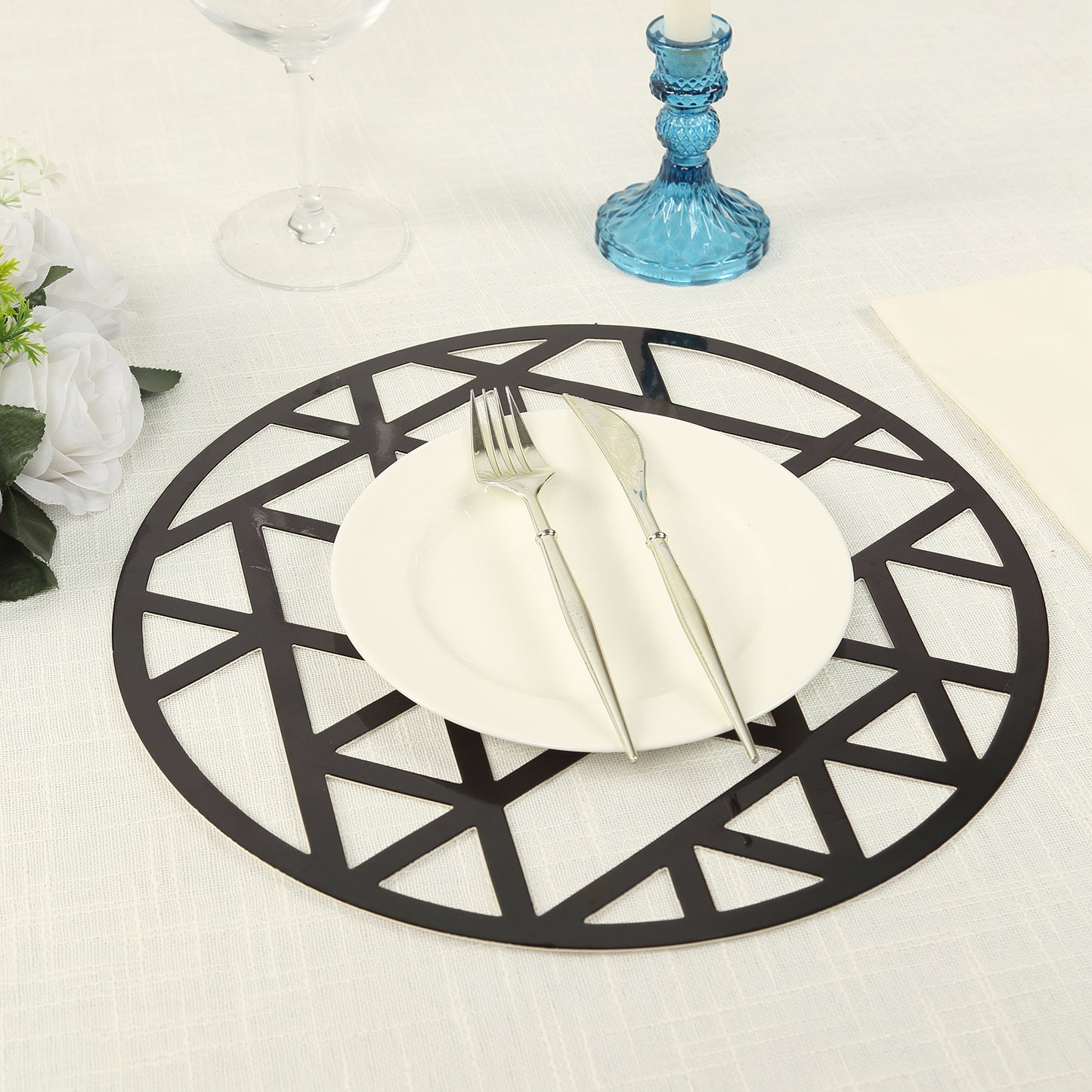 6 Pack Black Laser Cut Geometric Triangle Cardboard Dining Table Mats, 13" Round Disposable Placemats - 700 GSM