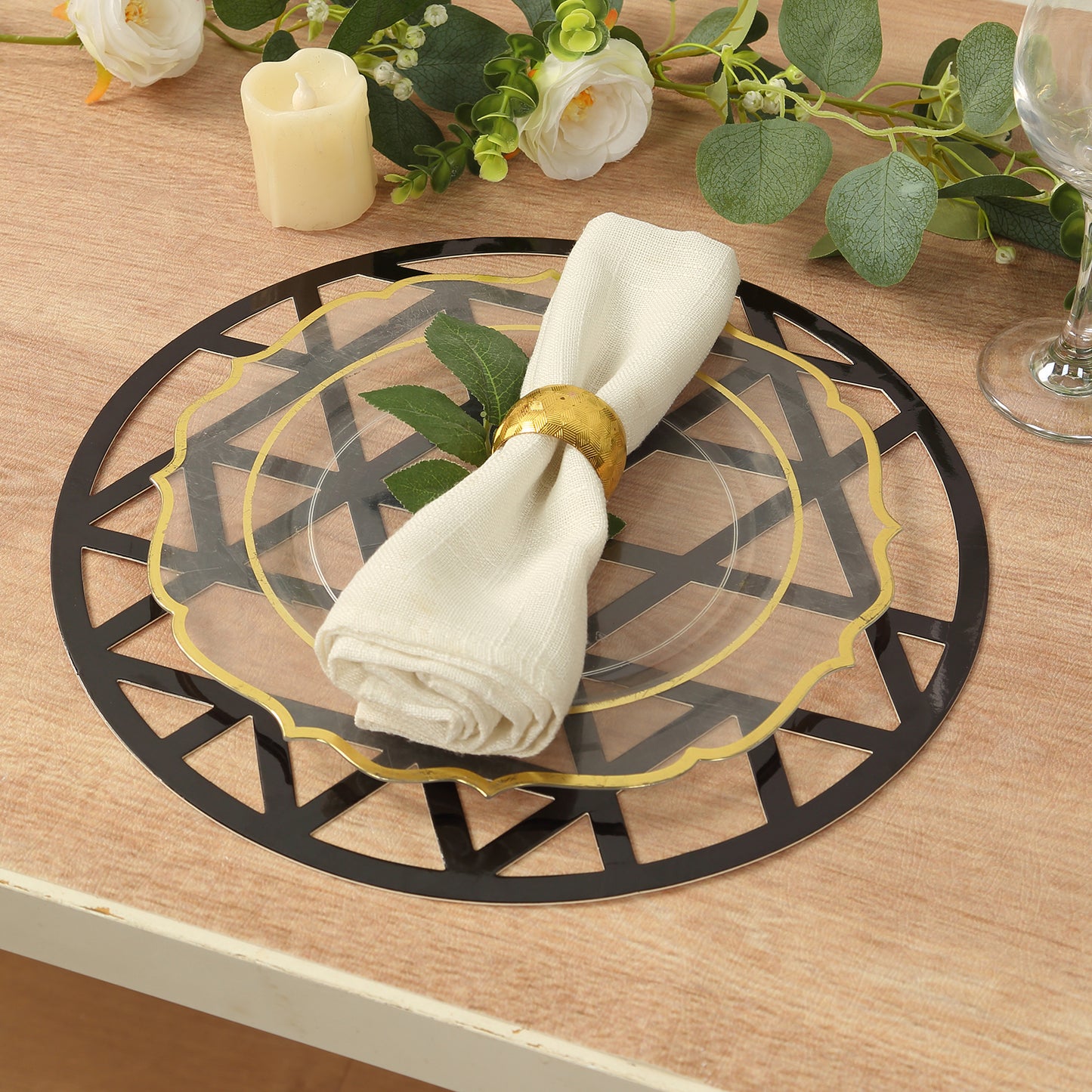 6 Pack Black Laser Cut Geometric Triangle Cardboard Dining Table Mats, 13" Round Disposable Placemats - 700 GSM