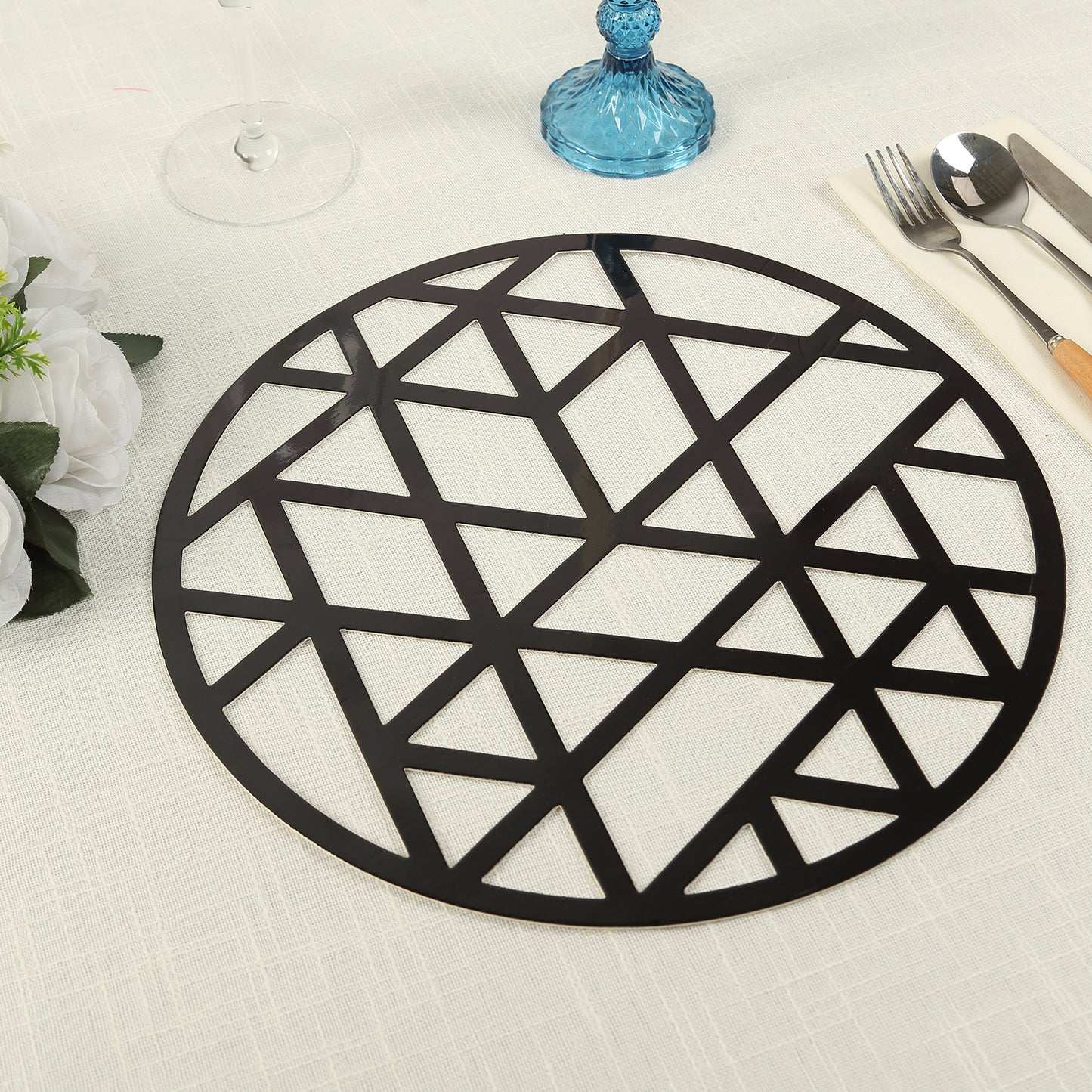 6 Pack Black Laser Cut Geometric Triangle Cardboard Dining Table Mats, 13" Round Disposable Placemats - 700 GSM