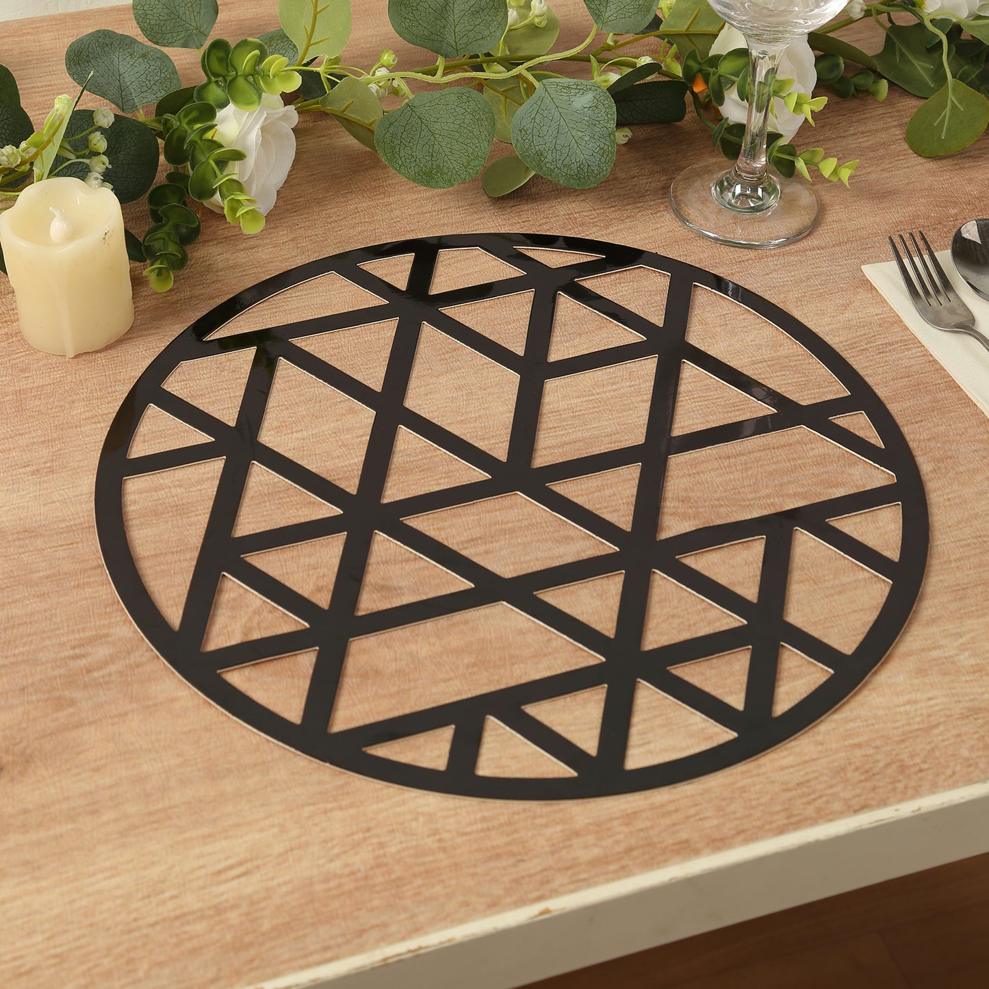 6 Pack Black Laser Cut Geometric Triangle Cardboard Dining Table Mats, 13" Round Disposable Placemats - 700 GSM