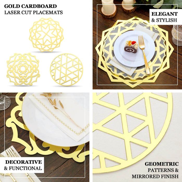 6 Pack Metallic Gold Laser Cut Geometric Triangle Cardboard Dining Table Mats, 13" Round Disposable Placemats - 700 GSM