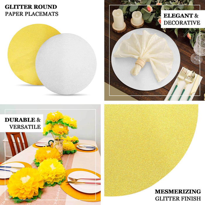 20 Pack | 13" Gold Glitter Round Disposable Dining Placemats, Decorative Paper Table Mats - 210 GSM