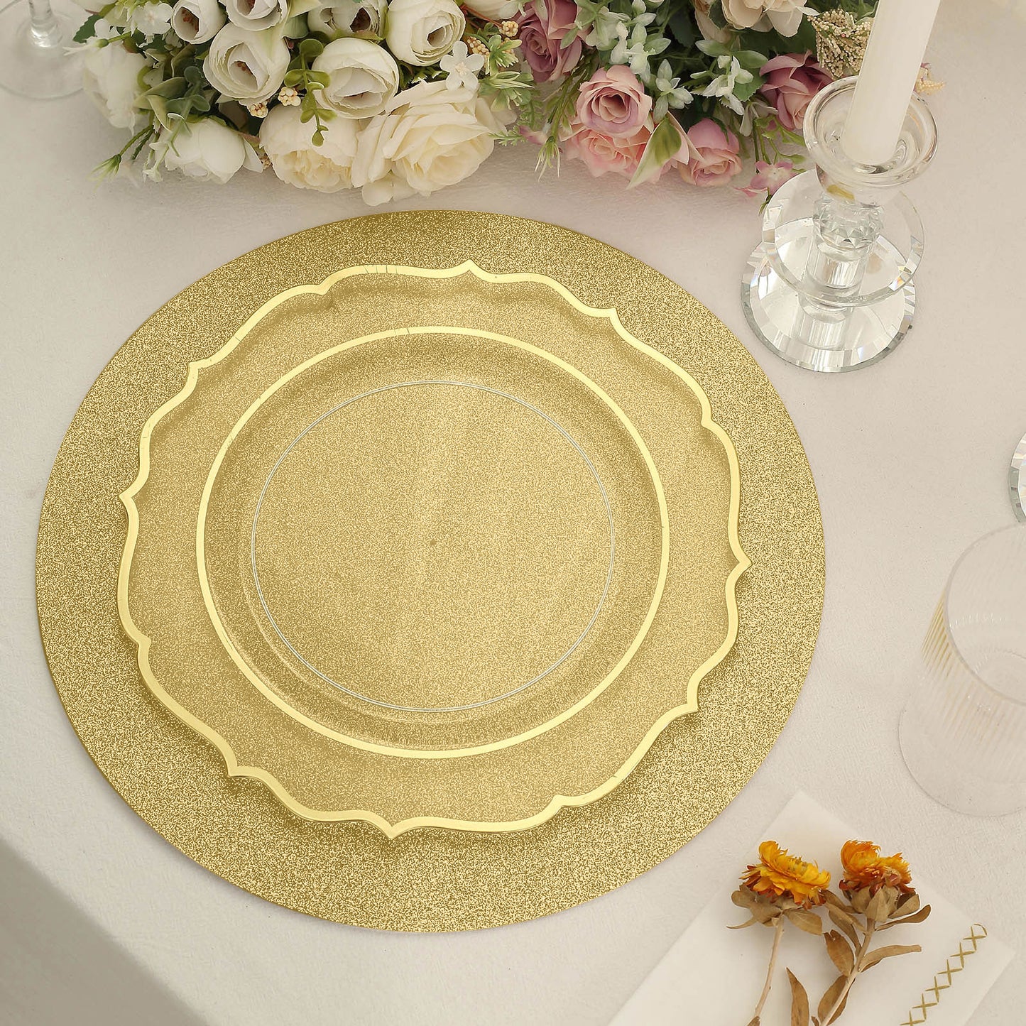 20 Pack | 13inch Gold Glitter Round Paper Table Placemats, Disposable Dining Table Mats