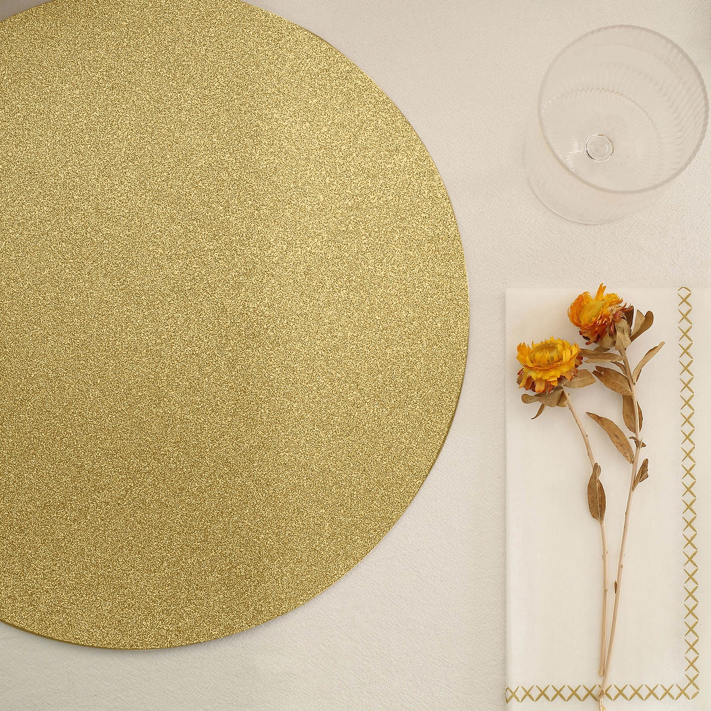 20 Pack | 13inch Gold Glitter Round Paper Table Placemats, Disposable Dining Table Mats