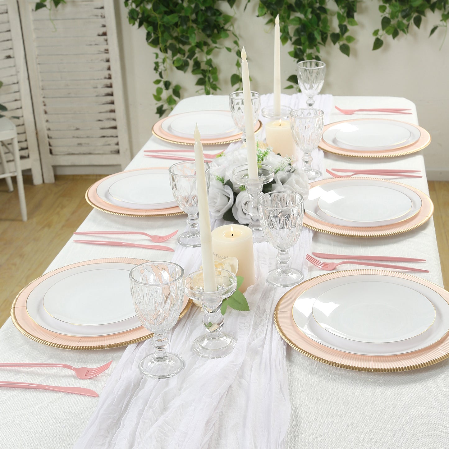 25 Pack Blush Sunray Heavy Duty Paper Charger Plates with Gold Rim, 13" Round Disposable Serving Plates - 350 GSM