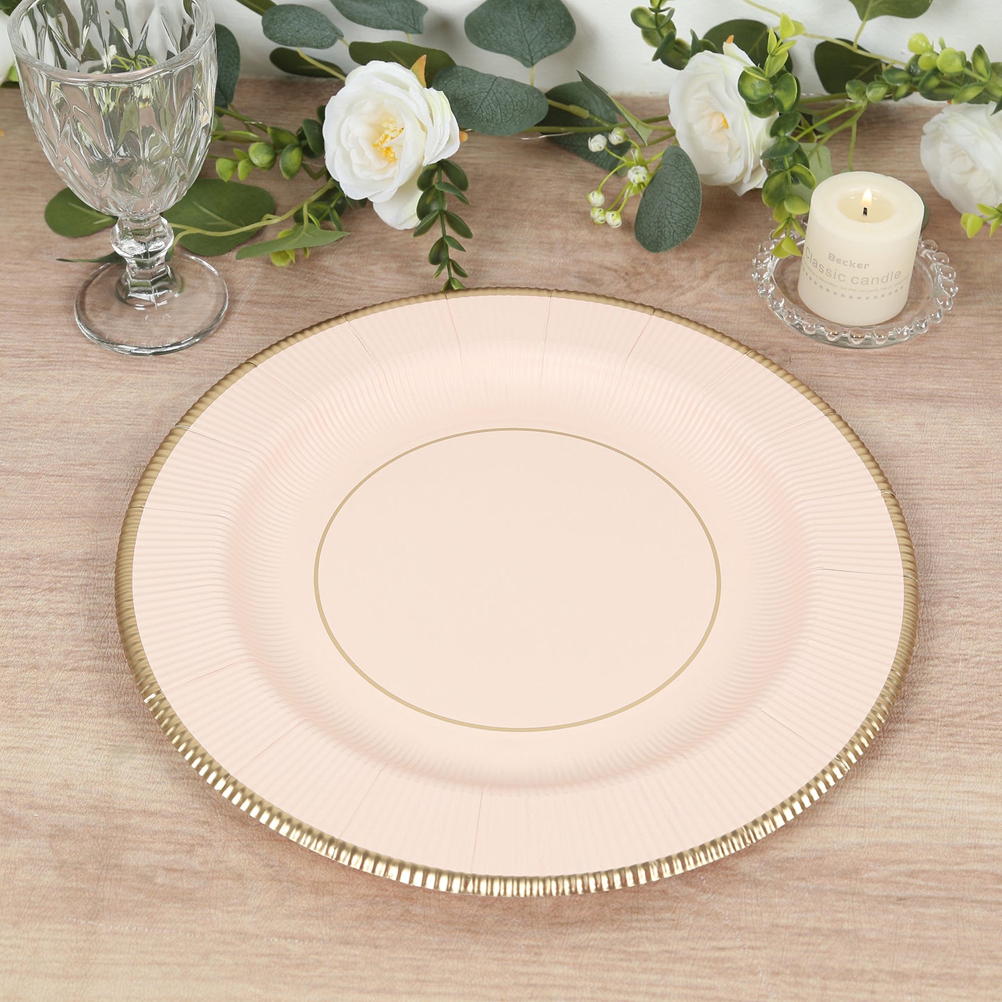 25 Pack Blush Sunray Heavy Duty Paper Charger Plates with Gold Rim, 13" Round Disposable Serving Plates - 350 GSM