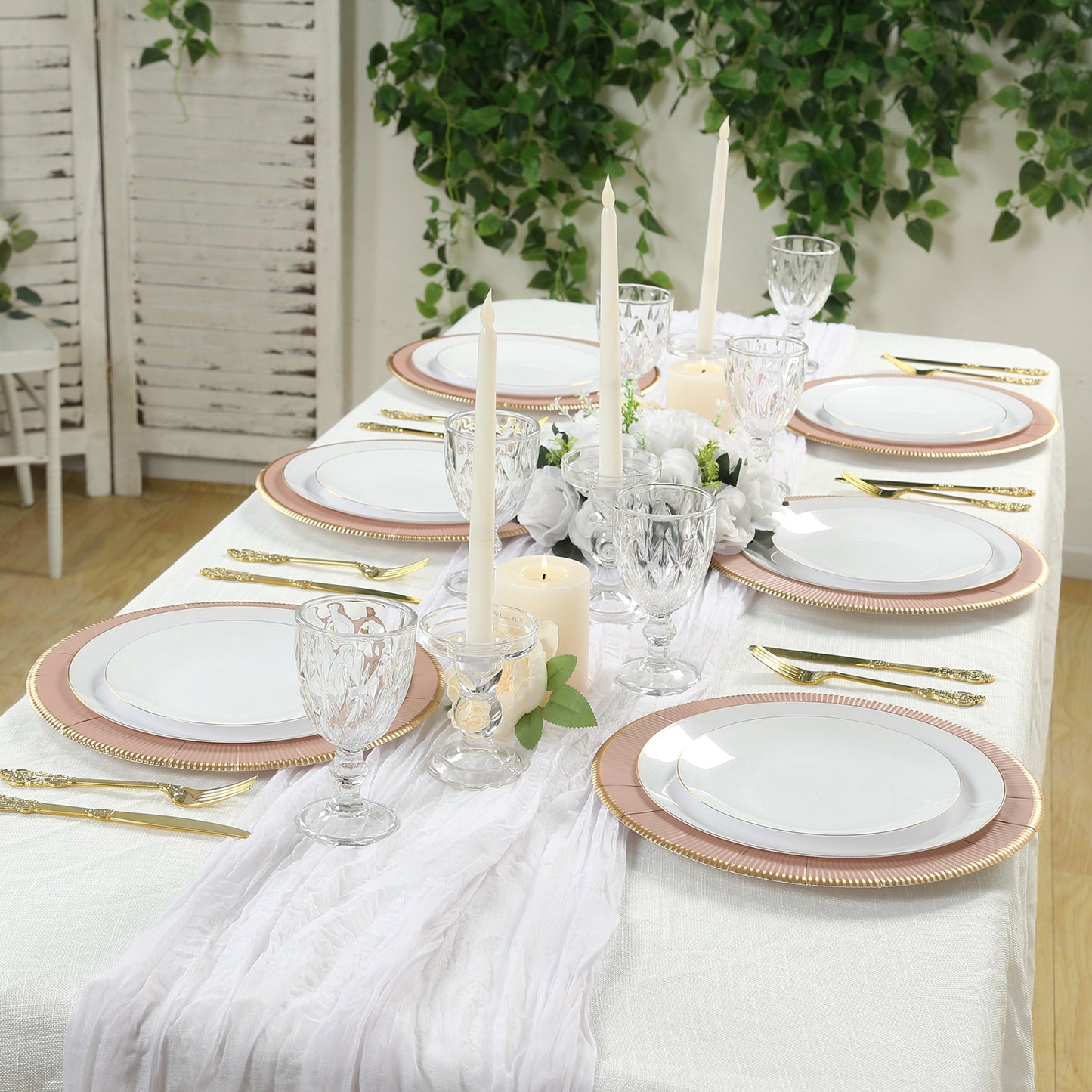 25 Pack Dusty Rose Sunray Heavy Duty Paper Charger Plates with Gold Rim, 13" Round Disposable Serving Plates - 350 GSM