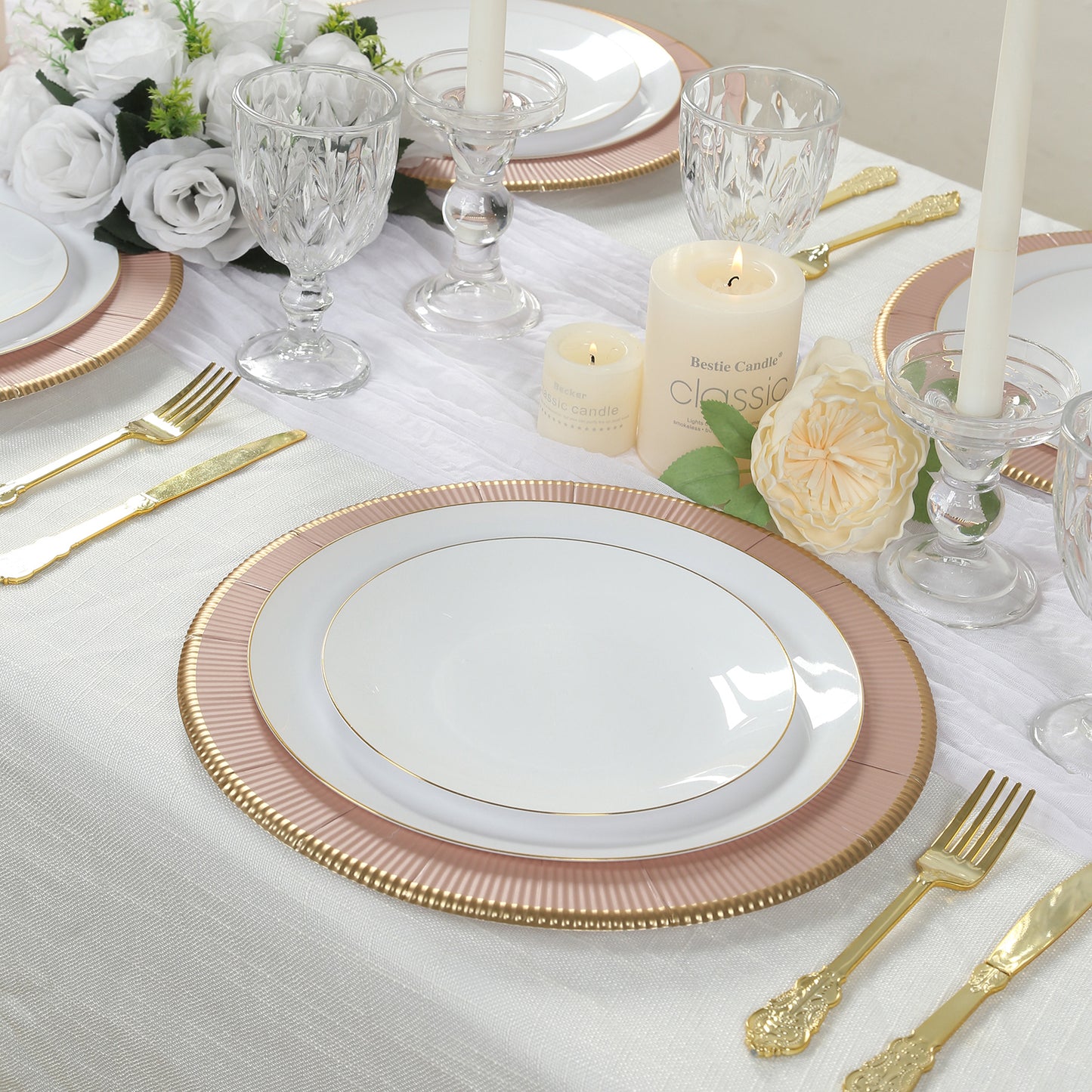 25 Pack Dusty Rose Sunray Heavy Duty Paper Charger Plates with Gold Rim, 13" Round Disposable Serving Plates - 350 GSM