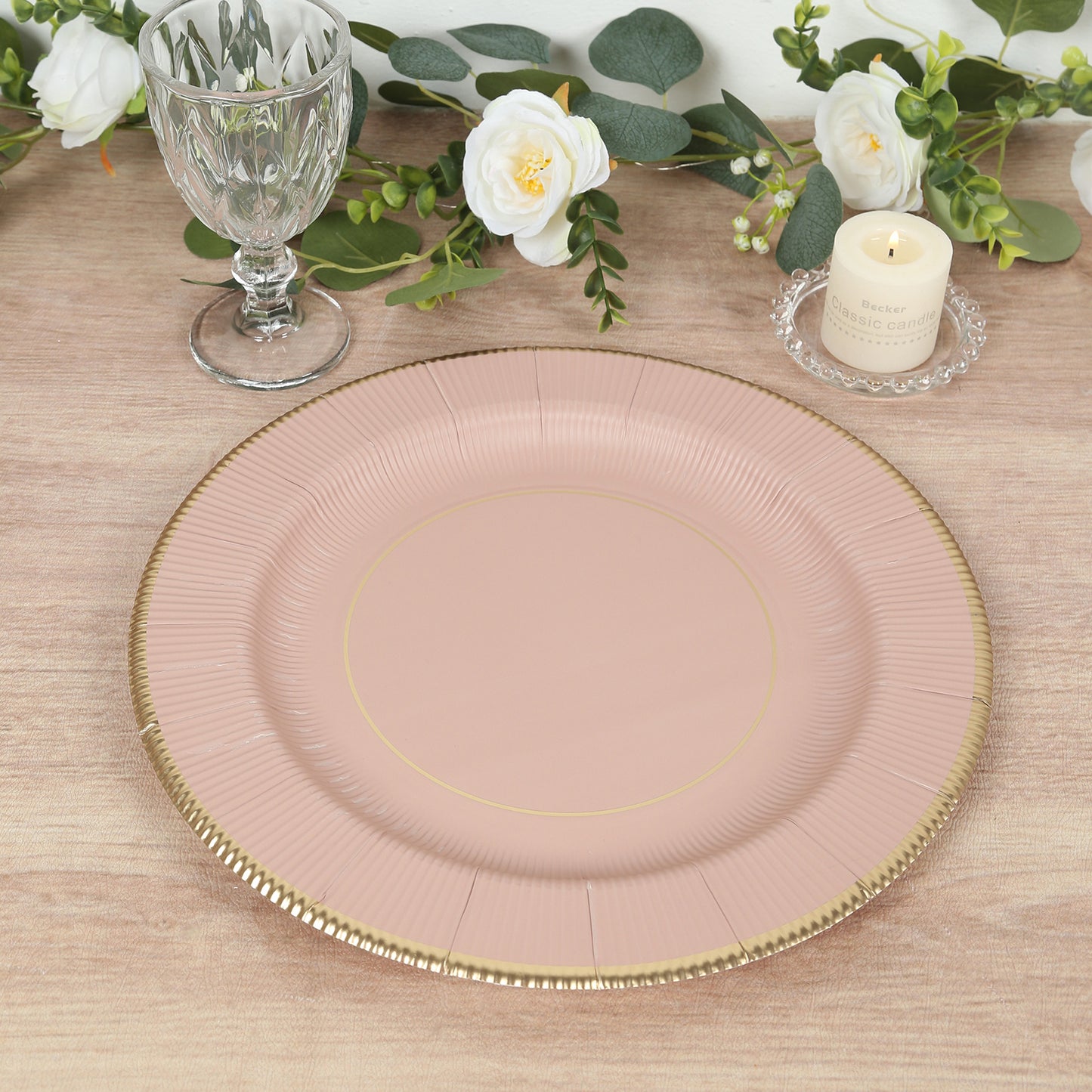 25 Pack Dusty Rose Sunray Heavy Duty Paper Charger Plates with Gold Rim, 13" Round Disposable Serving Plates - 350 GSM