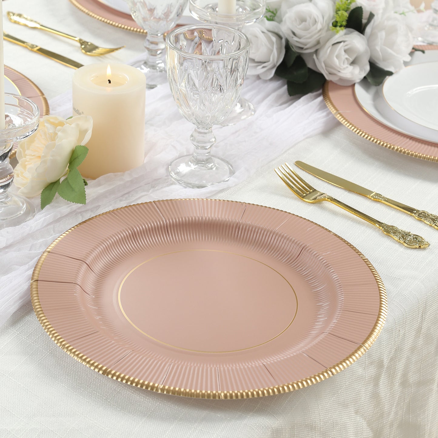25 Pack Dusty Rose Sunray Heavy Duty Paper Charger Plates with Gold Rim, 13" Round Disposable Serving Plates - 350 GSM