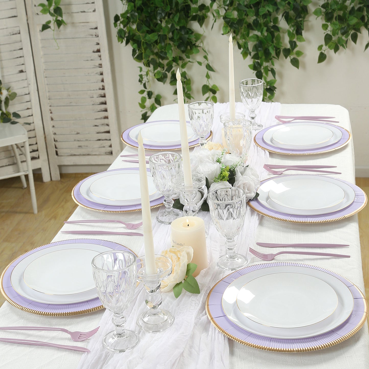 25 Pack Lavender Lilac Sunray Heavy Duty Paper Charger Plates with Gold Rim, 13" Round Disposable Serving Plates - 350 GSM