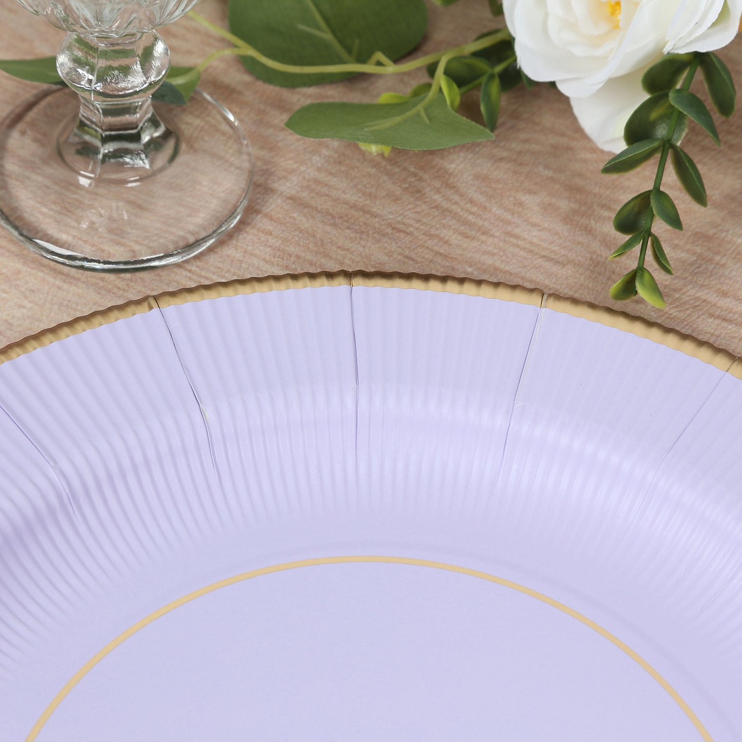 25 Pack Lavender Lilac Sunray Heavy Duty Paper Charger Plates with Gold Rim, 13" Round Disposable Serving Plates - 350 GSM