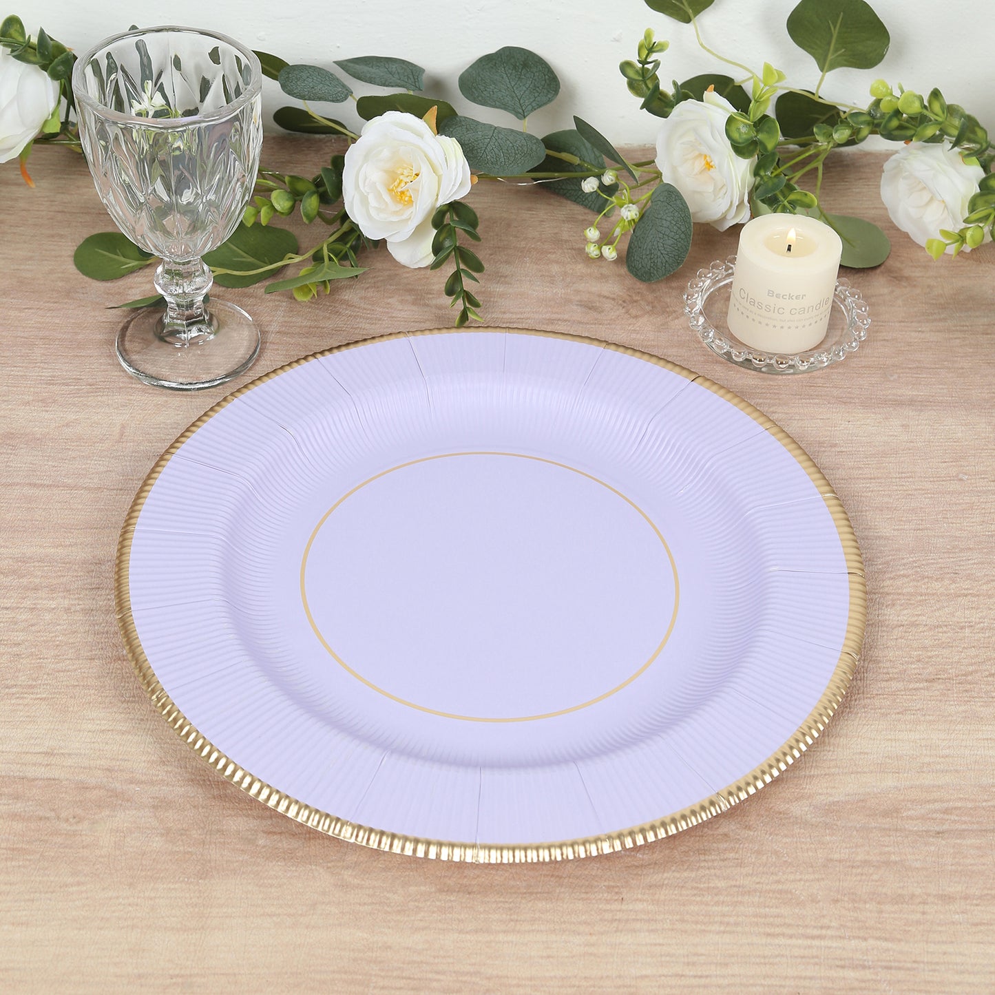 25 Pack Lavender Lilac Sunray Heavy Duty Paper Charger Plates with Gold Rim, 13" Round Disposable Serving Plates - 350 GSM