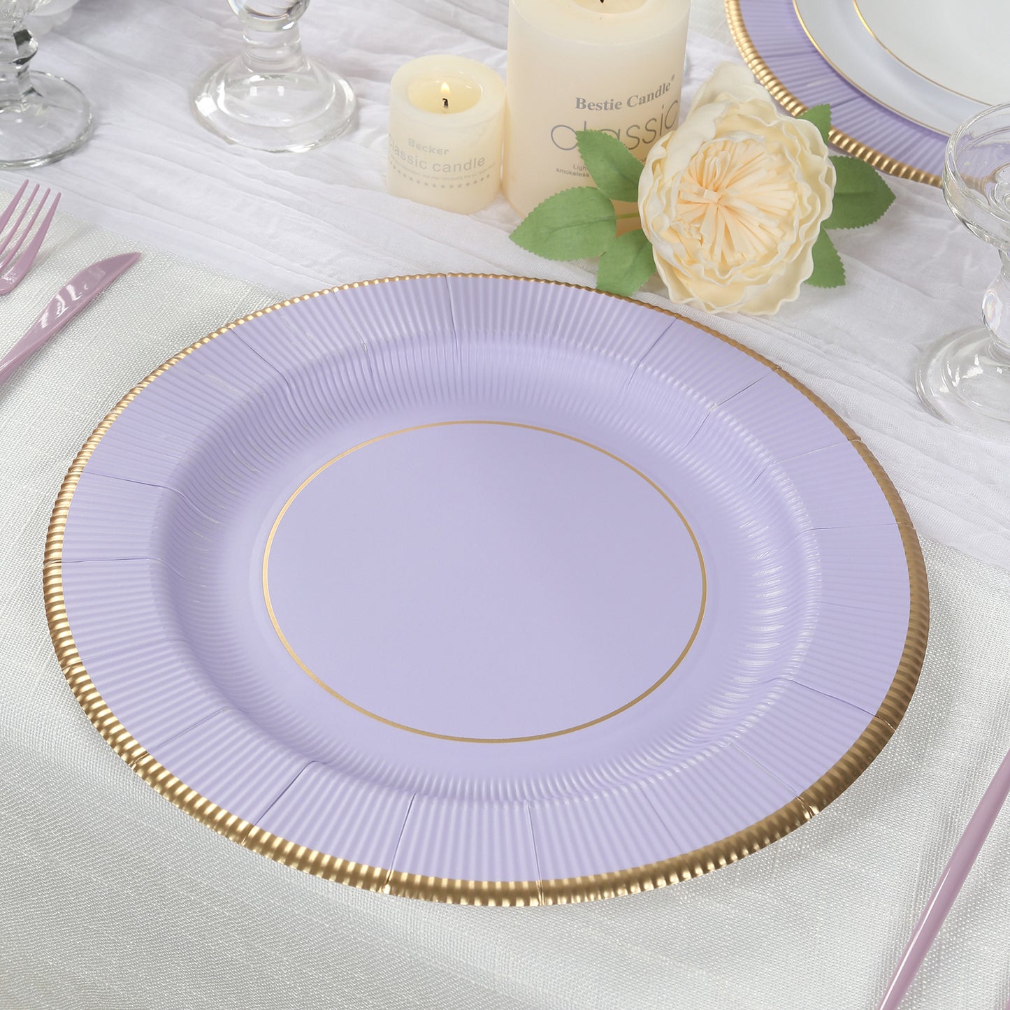 25 Pack Lavender Lilac Sunray Heavy Duty Paper Charger Plates with Gold Rim, 13" Round Disposable Serving Plates - 350 GSM