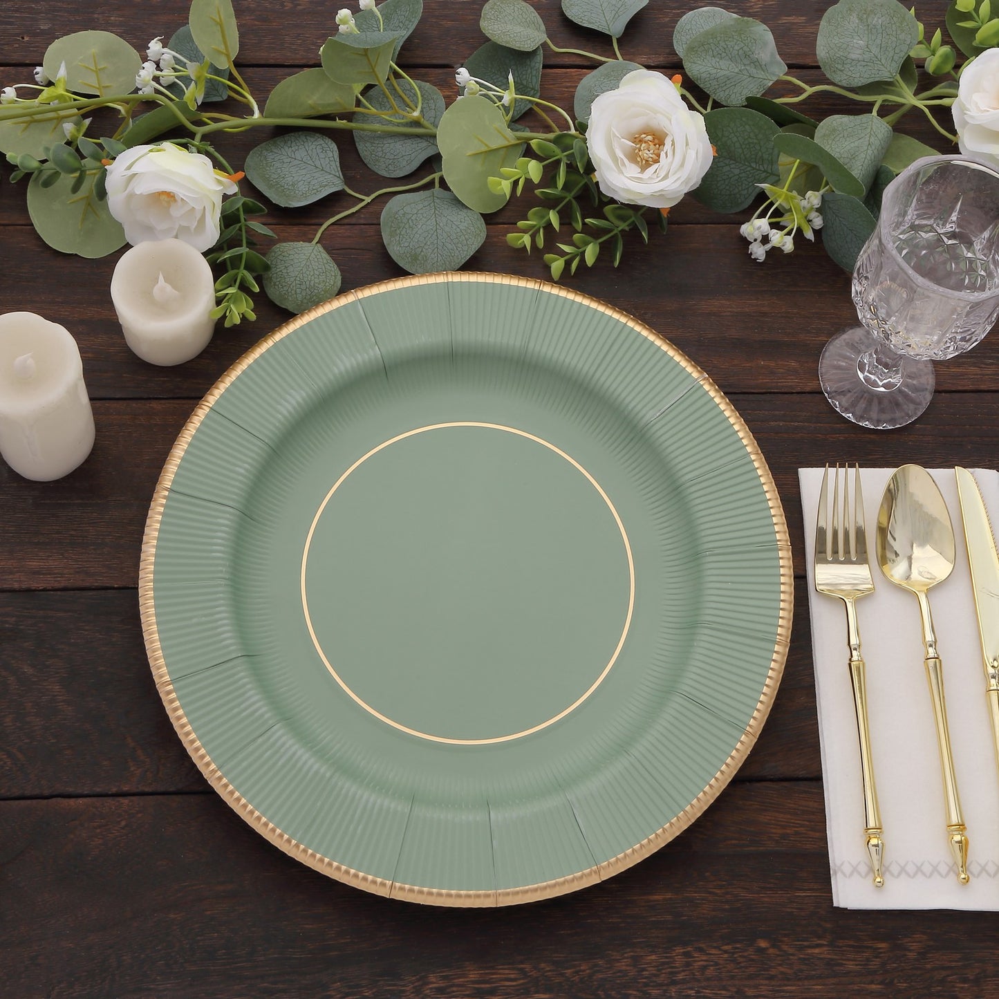 25 Pack Sage Green Sunray Heavy Duty Paper Charger Plates with Gold Rim, 13" Round Disposable Serving Plates - 350 GSM