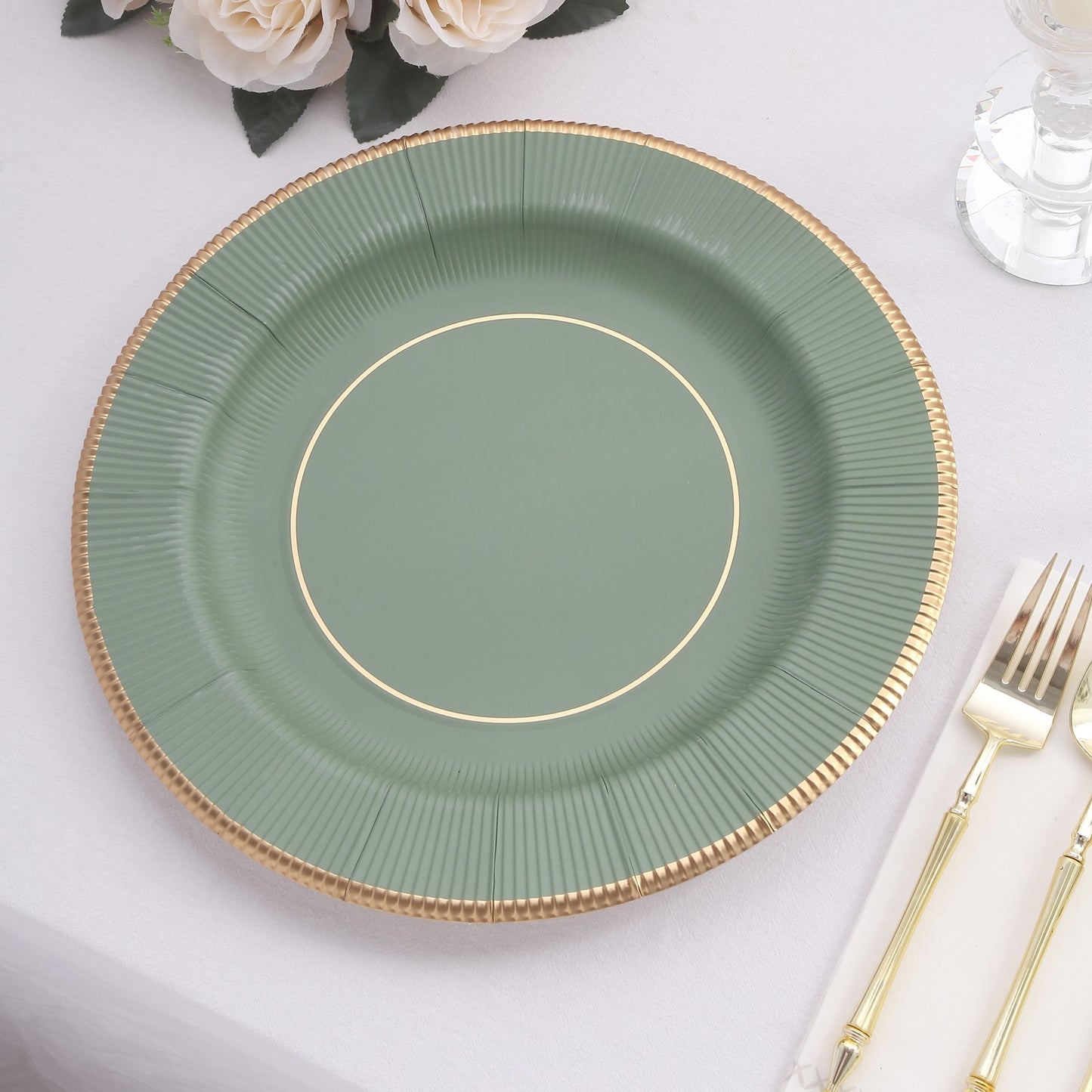 25 Pack Sage Green Sunray Heavy Duty Paper Charger Plates with Gold Rim, 13" Round Disposable Serving Plates - 350 GSM