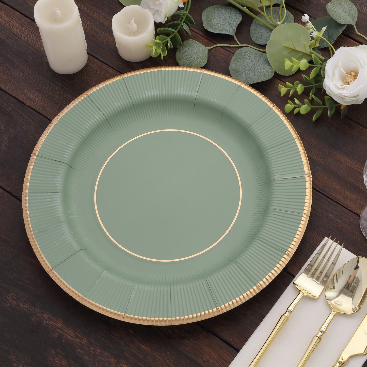 25 Pack Sage Green Sunray Heavy Duty Paper Charger Plates with Gold Rim, 13" Round Disposable Serving Plates - 350 GSM